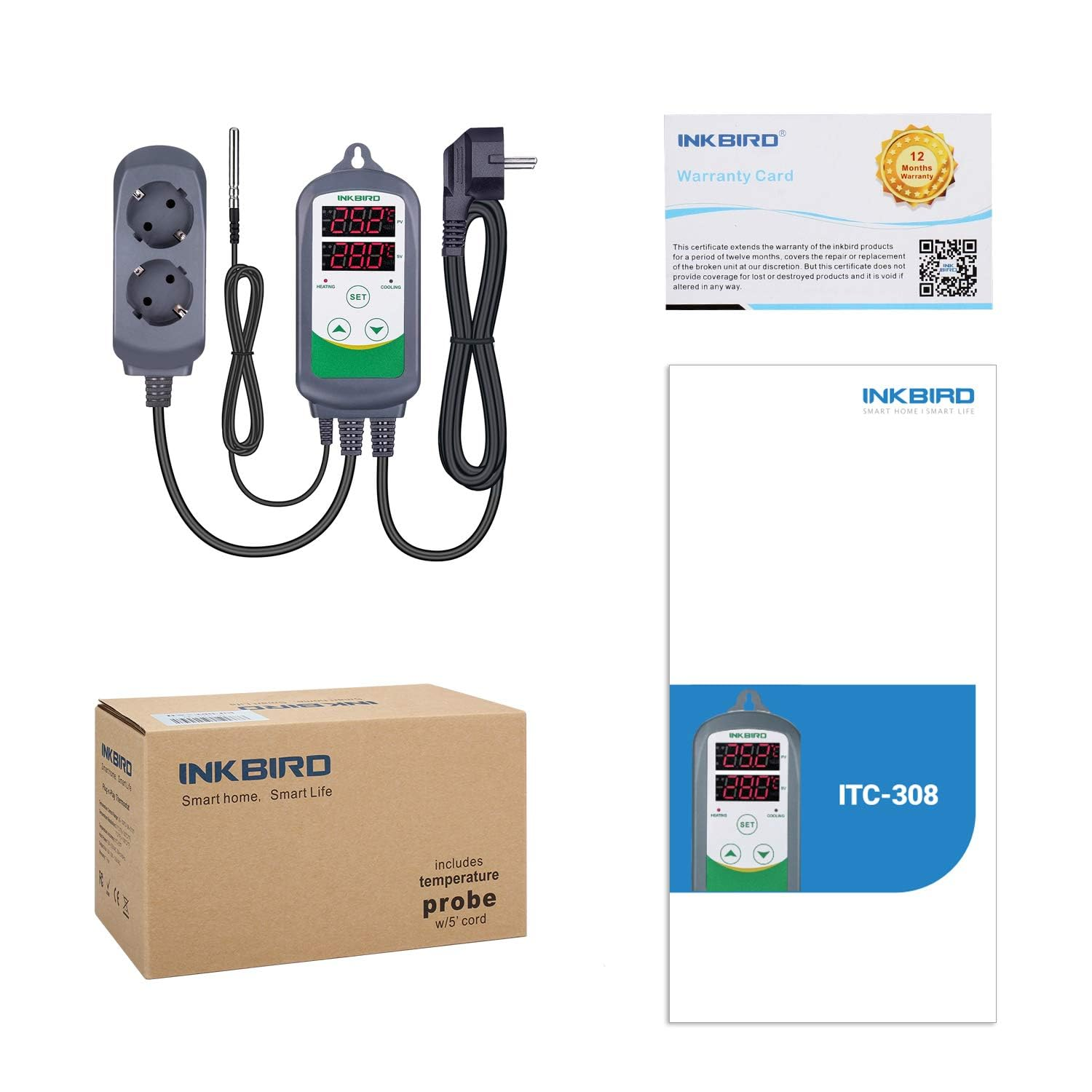 Inkbird digitaler Temperaturregler mit Steckdosen, Sonde, Anleitung, Karton und Garantiekarte.
