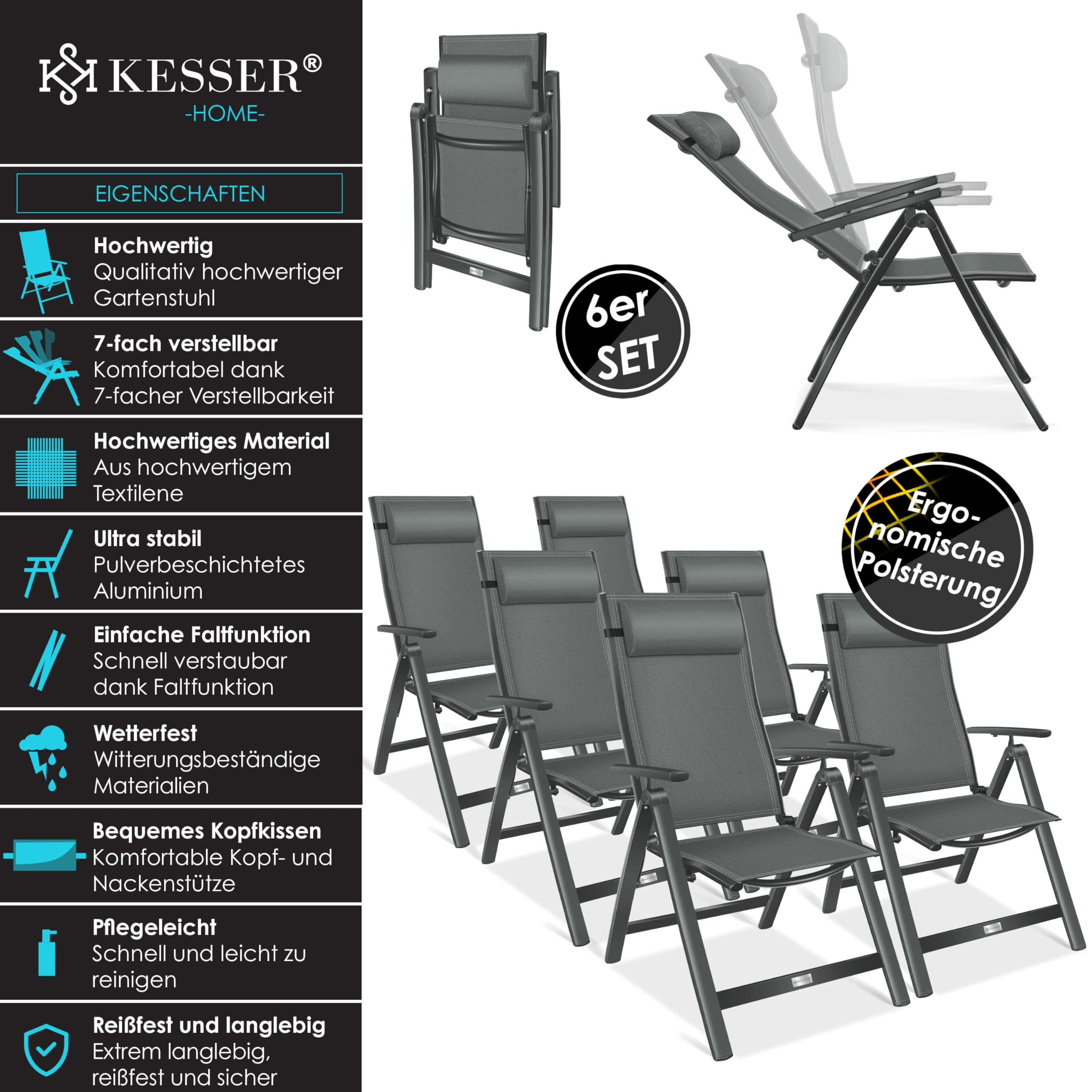 Kesser-Gartenstuhl-Set: 6 verstellbare, faltbare Grautöne Gartenstühle mit Aluminiumgestell und Textilene.