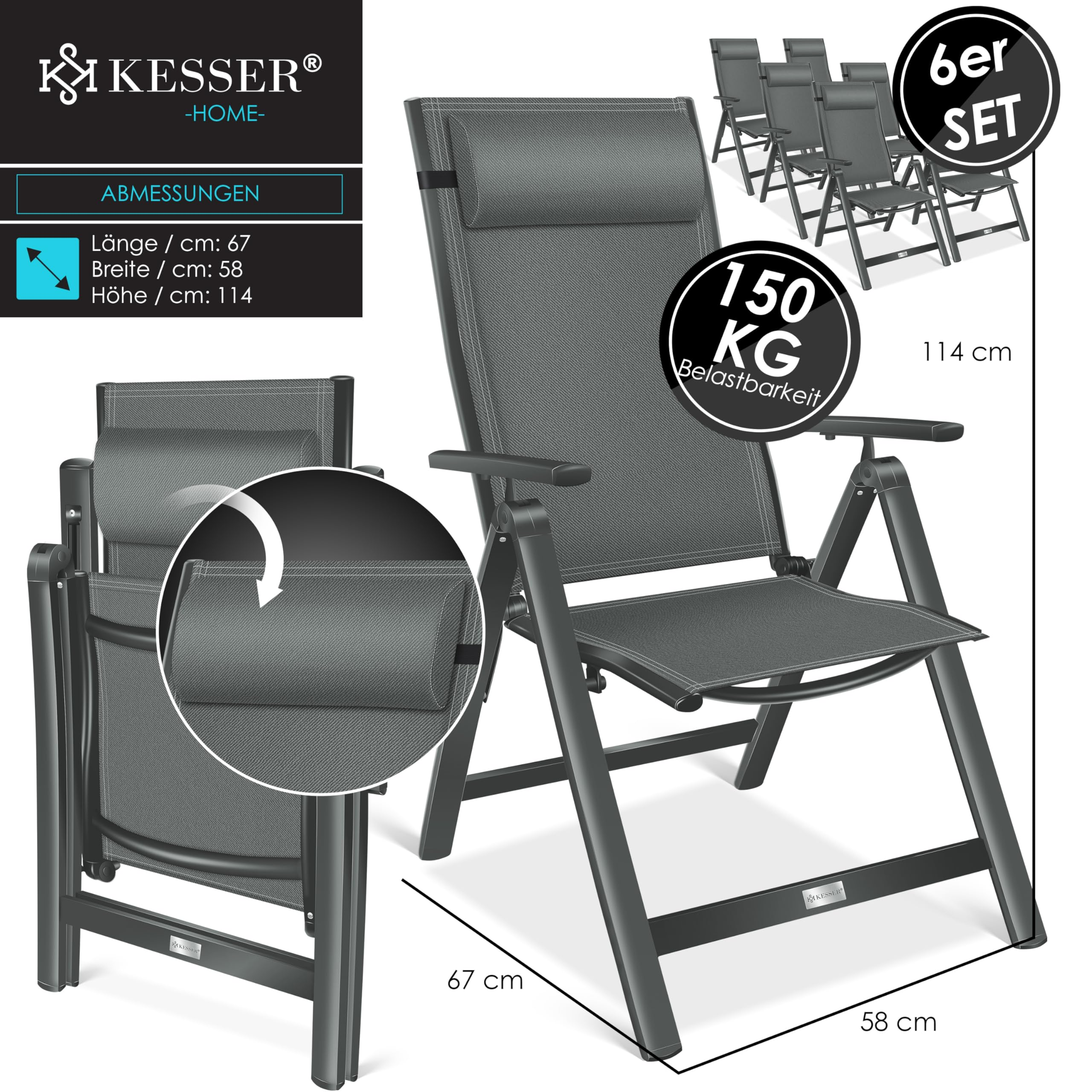 Grauer Kesser Gartenstuhl, klappbar, mit Maßen 67x58x114 cm und 150 kg Belastbarkeit.