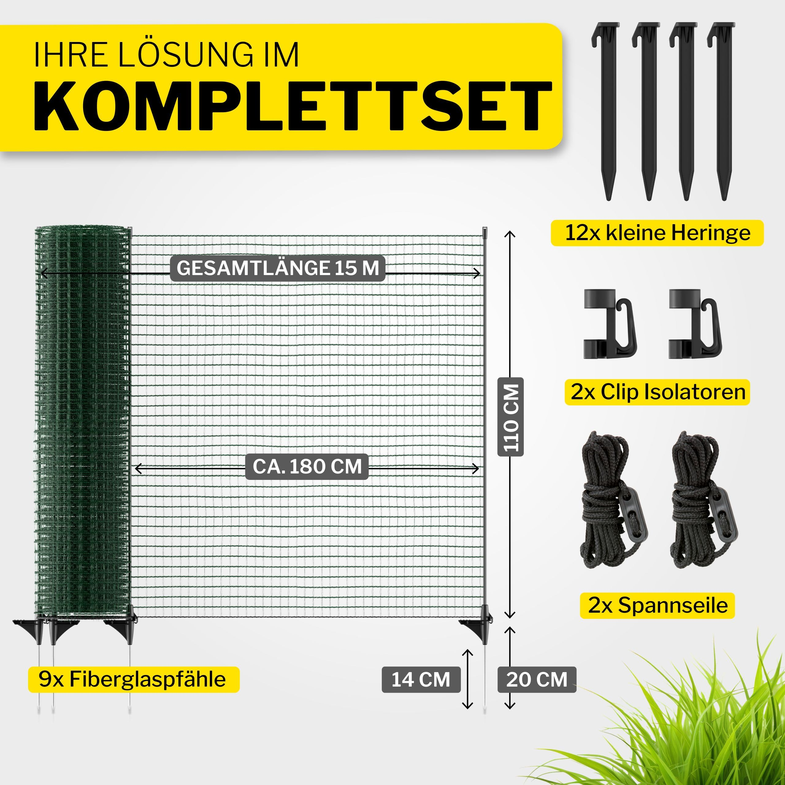 Kit complet avec filet vert de 15m, 9 piquets en fibre de verre, 12 sardines, 2 isolateurs et 2 cordes.