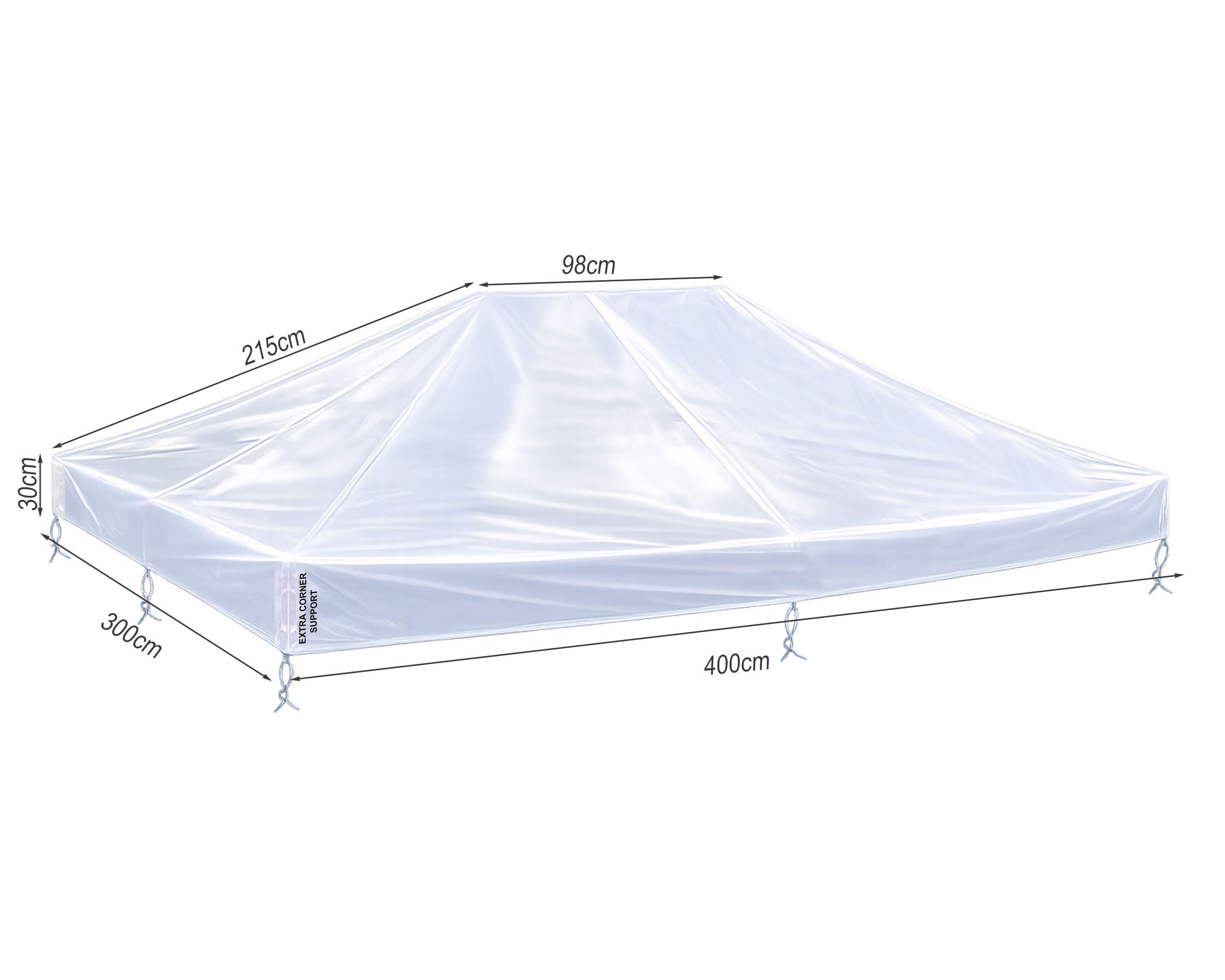 Weisse Pavillon-Schutzhülle mit Masslinien für 400cm, 300cm, 215cm, 98cm und 30cm Länge.