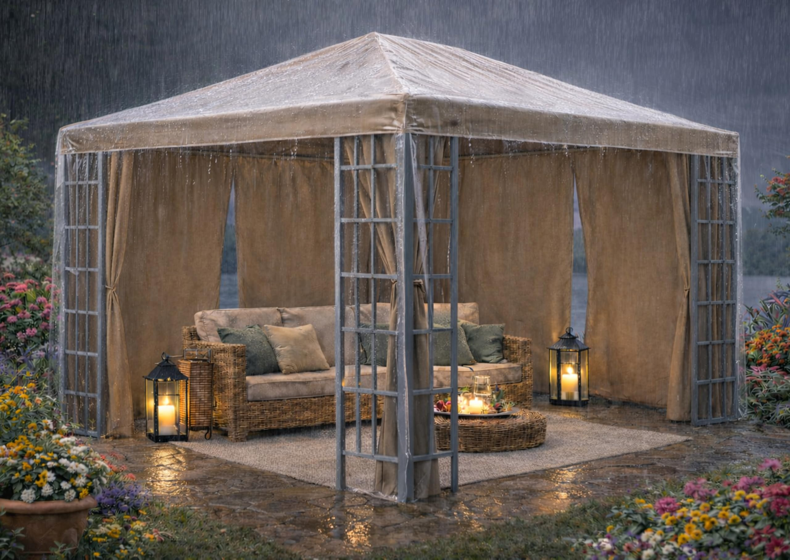 Ein beleuchteter Pavillon mit Korbmöbeln im Regen, umgeben von bunten Blumen und Laternen.