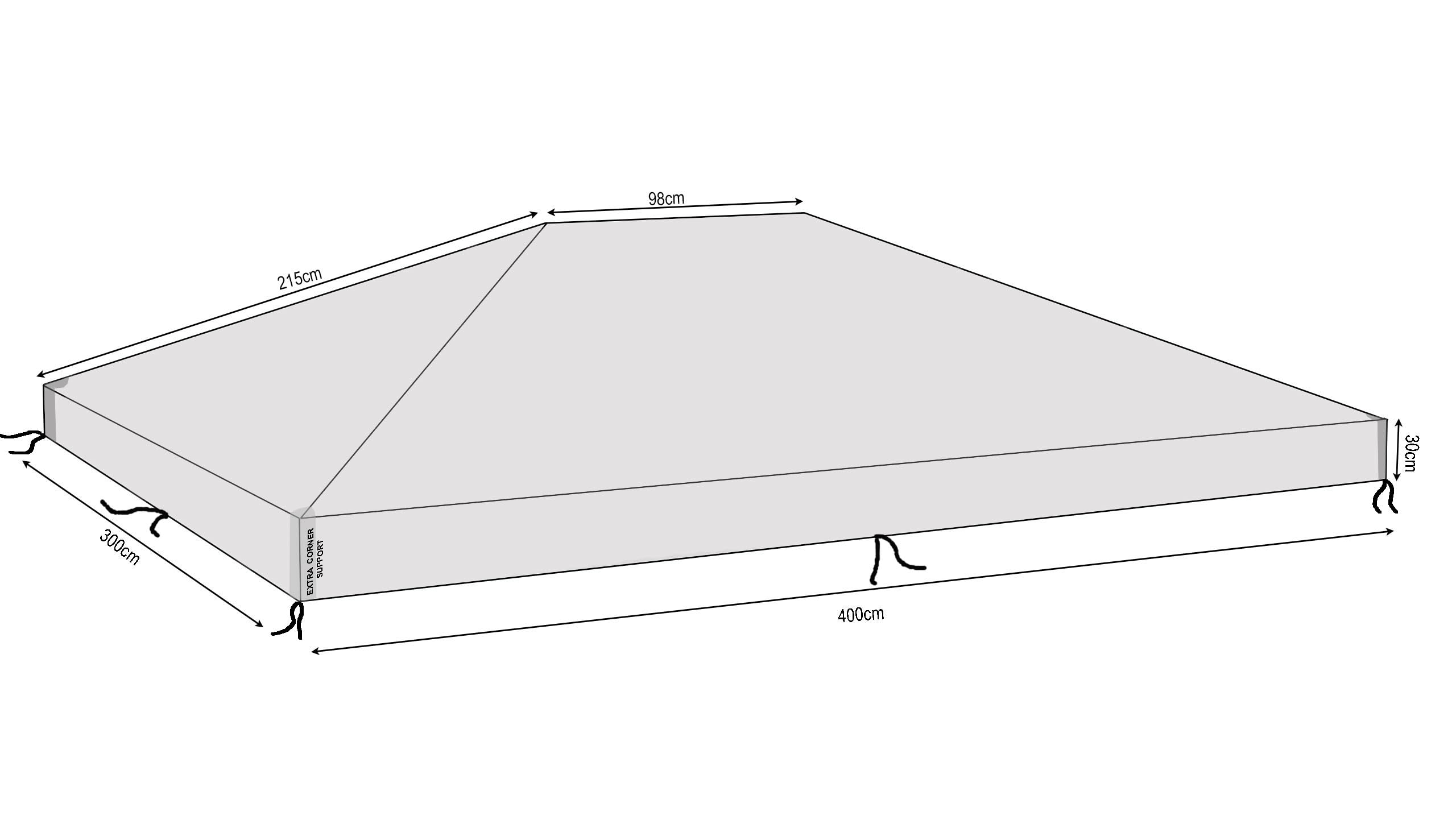 Technische Zeichnung einer Schutzhülle mit Maßen von 400cm, 300cm, 215cm, 98cm und 30cm auf weißem Hintergrund.