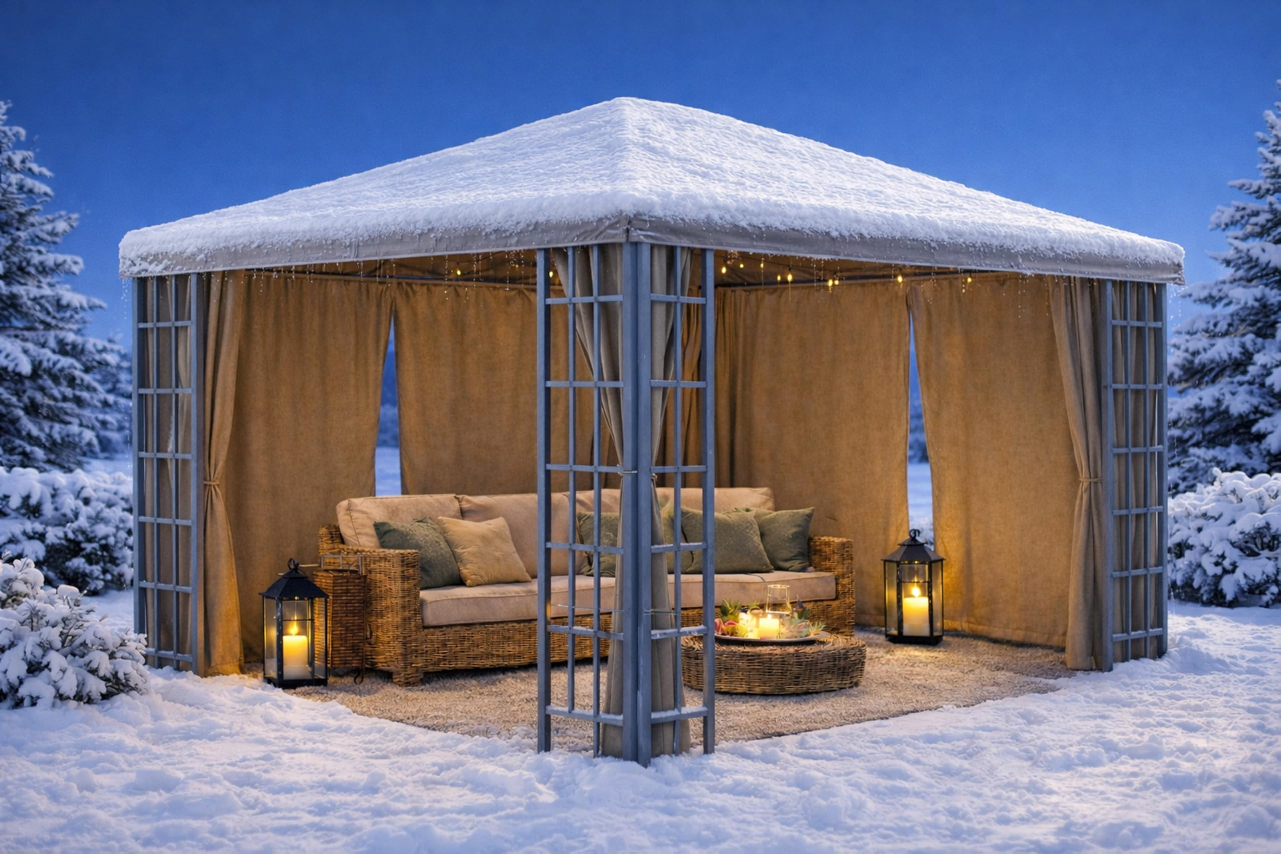 Ein schneebedeckter Pavillon mit Sofas und Laternen in einer winterlichen Schneelandschaft.