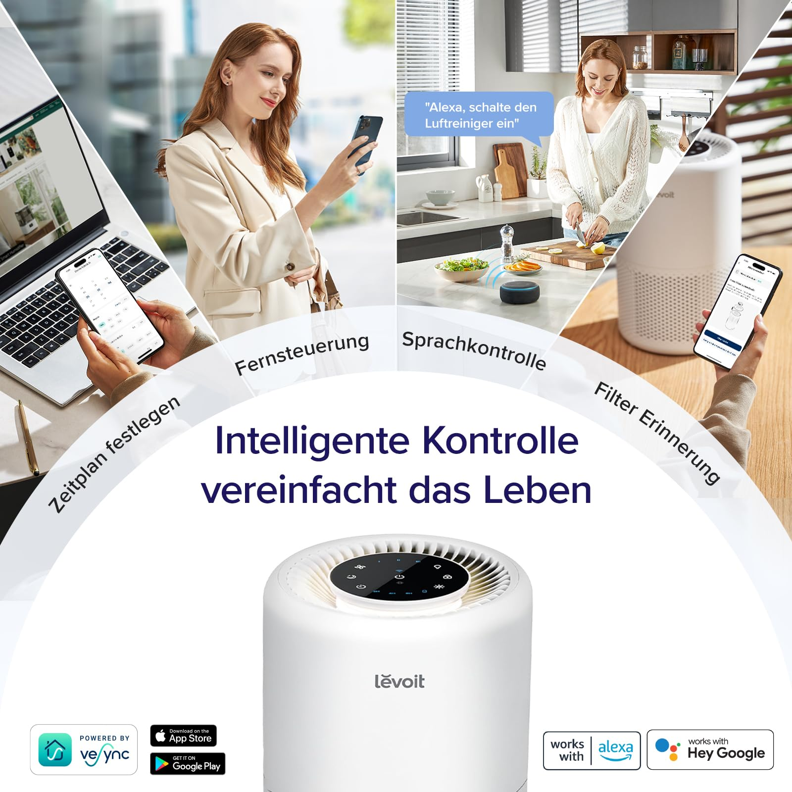 Collage che mostra il controllo intelligente del purificatore d'aria tramite app, voce e touch.