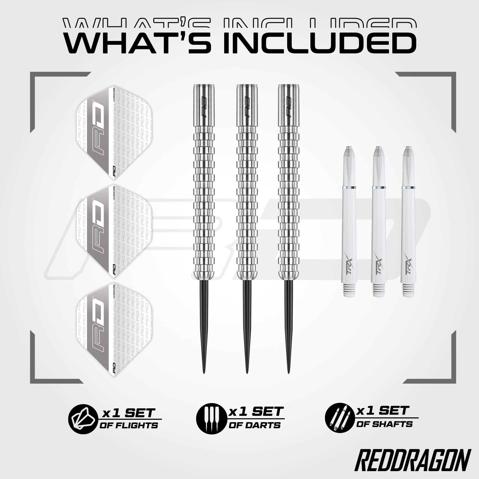 Set enthält drei Flights, drei silberne Darts und drei weiße Shafts vor grauem Hintergrund.