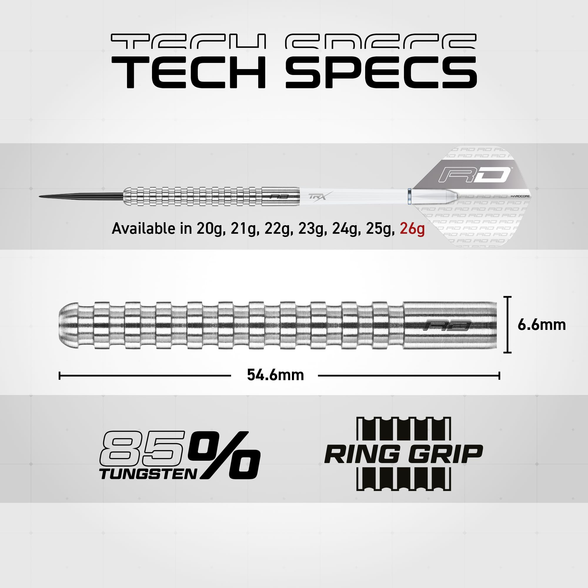 Technische Daten eines Dartpfeils: 85% Wolfram, Ring-Grip, Länge 54,6 mm, Durchmesser 6,6 mm, verschiedene Gewichte.