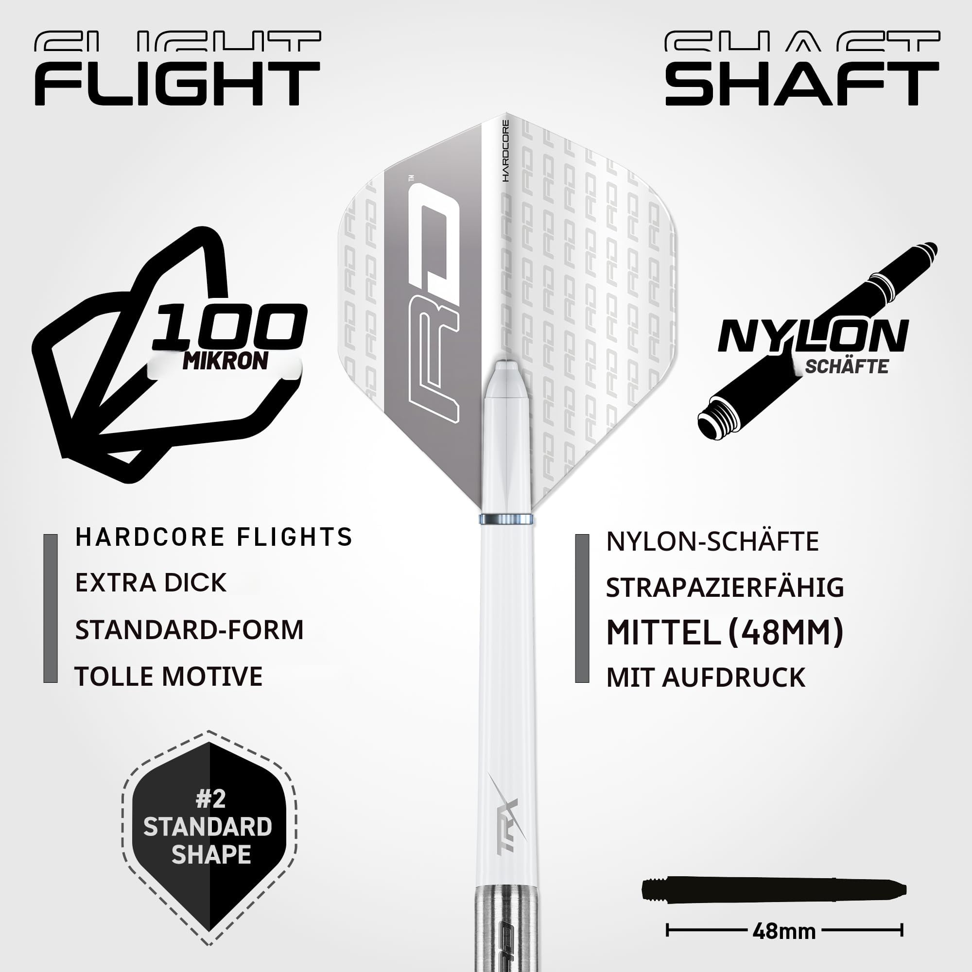 Werbegrafik zeigt weiße Dart-Flights und Nylon-Schäfte mit Produktdetails und Texten.