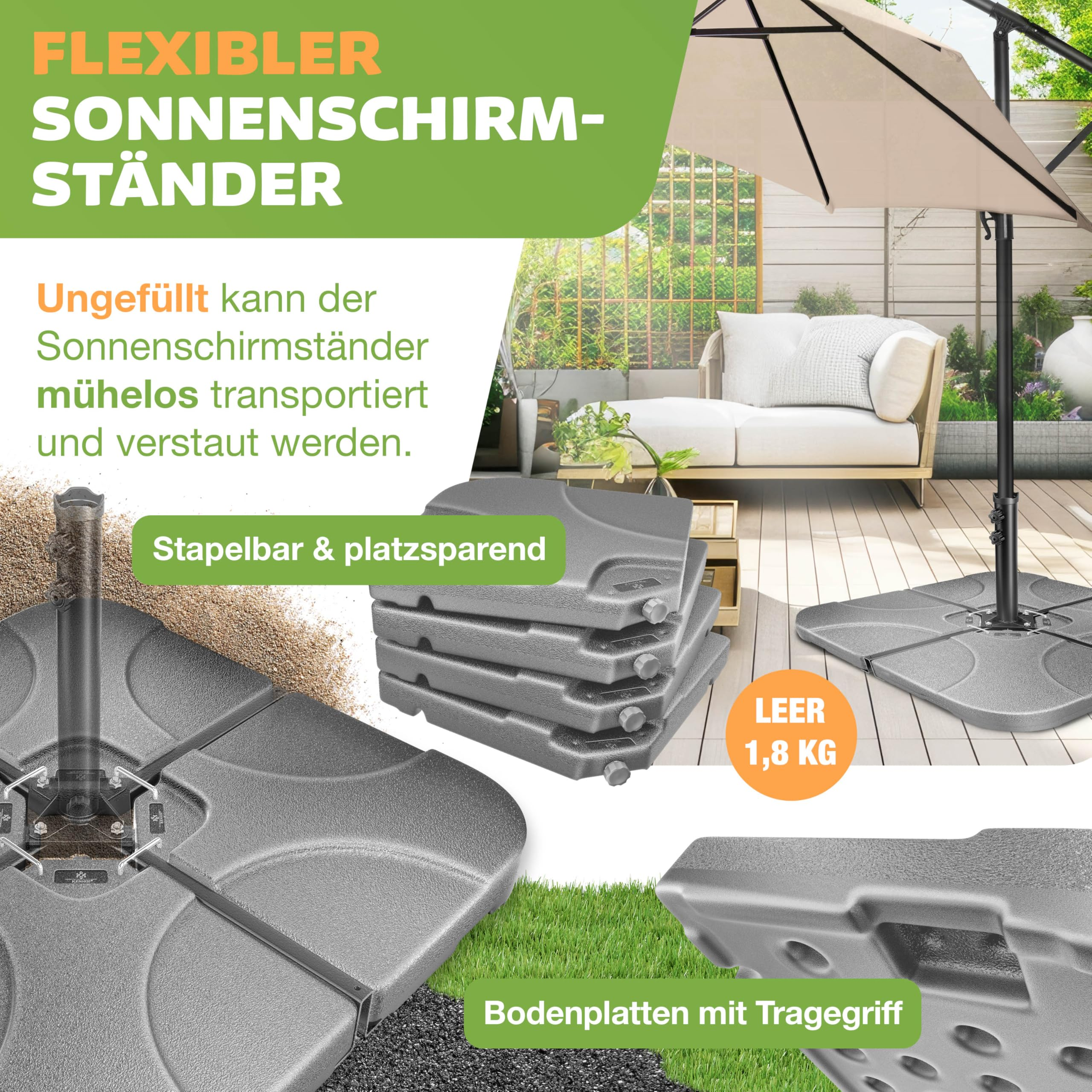 Graue, stapelbare und leichte Sonnenschirm-Bodenplatten mit Tragegriff im Garten.