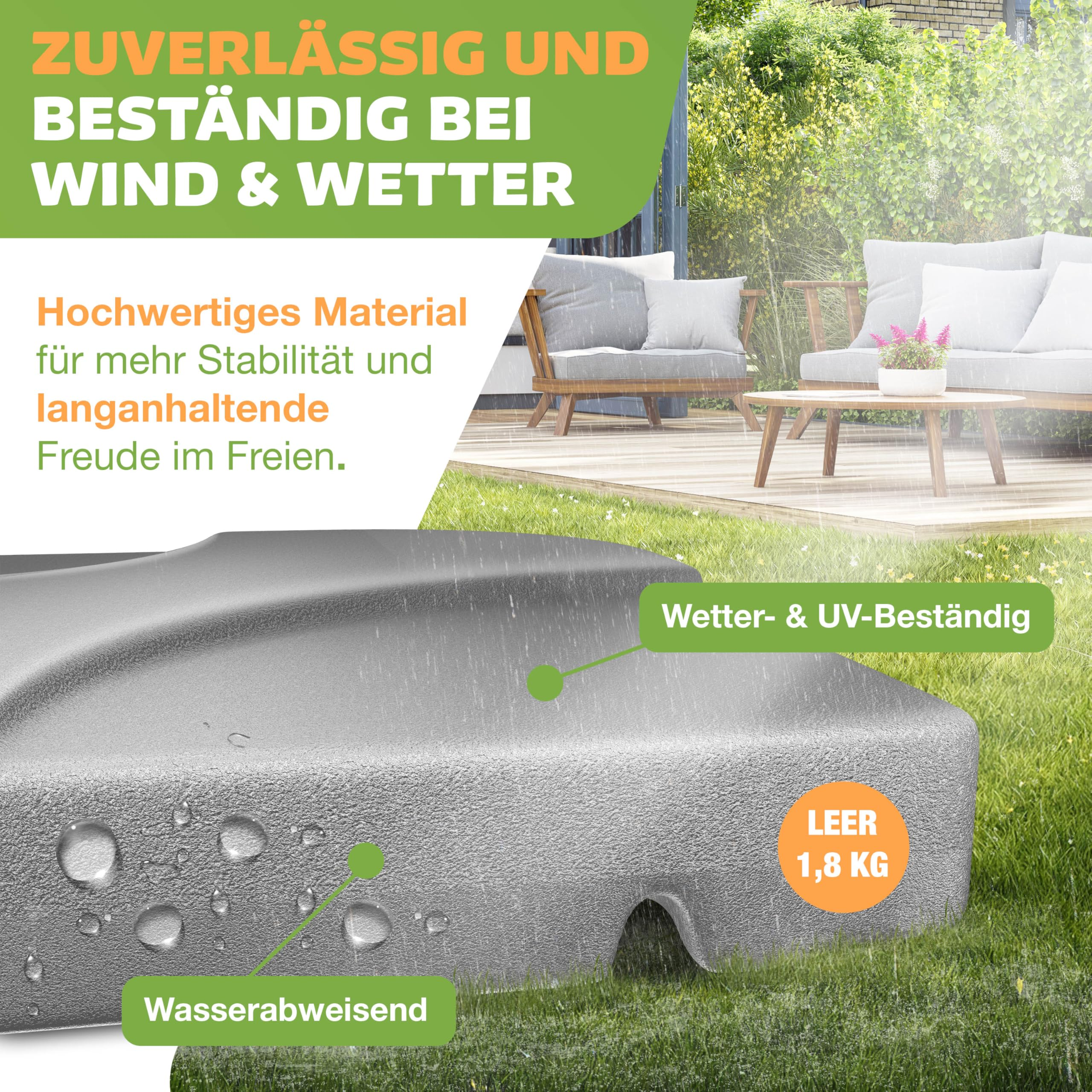 Wetterfester, grauer Kunststoff-Standfuss für den Aussenbereich auf Rasen, mit deutscher Werbung.
