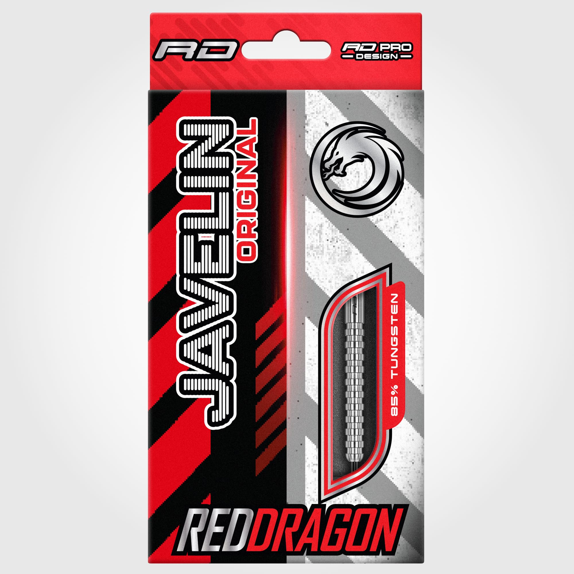 Red Dragon Javelin Original Dartverpackung mit einem schwarz-rot-silbernen Design und sichtbarem Produkt.