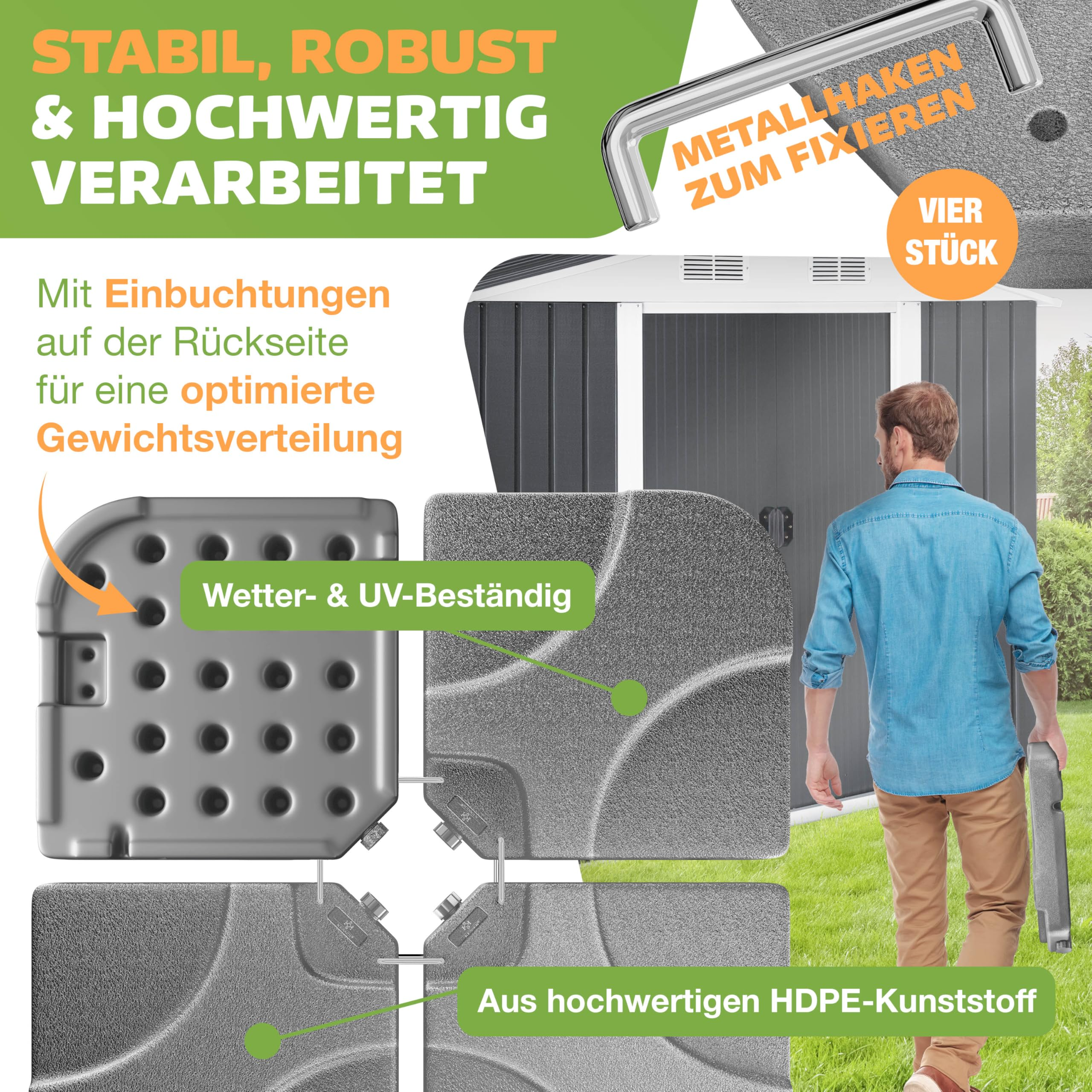 Ein Mann trägt ein graues Bodengewicht in der Nähe eines Schuppens, Nahaufnahmen zeigen HDPE-Material, UV-Schutz und Metallhaken.