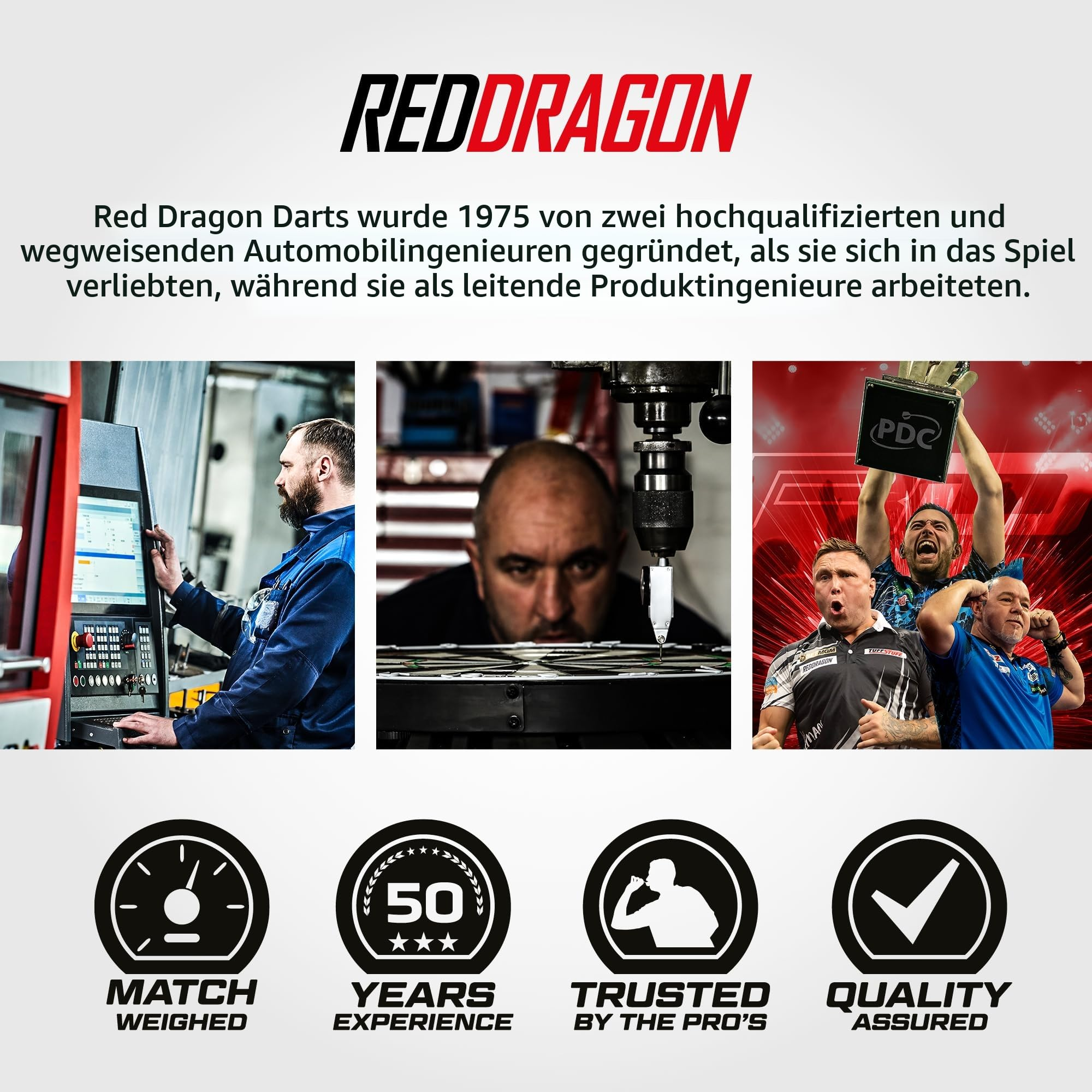 Red Dragon Darts Markengeschichte mit Fabrikbildern, Dartspielern und vier Icons für Qualität und Erfahrung.