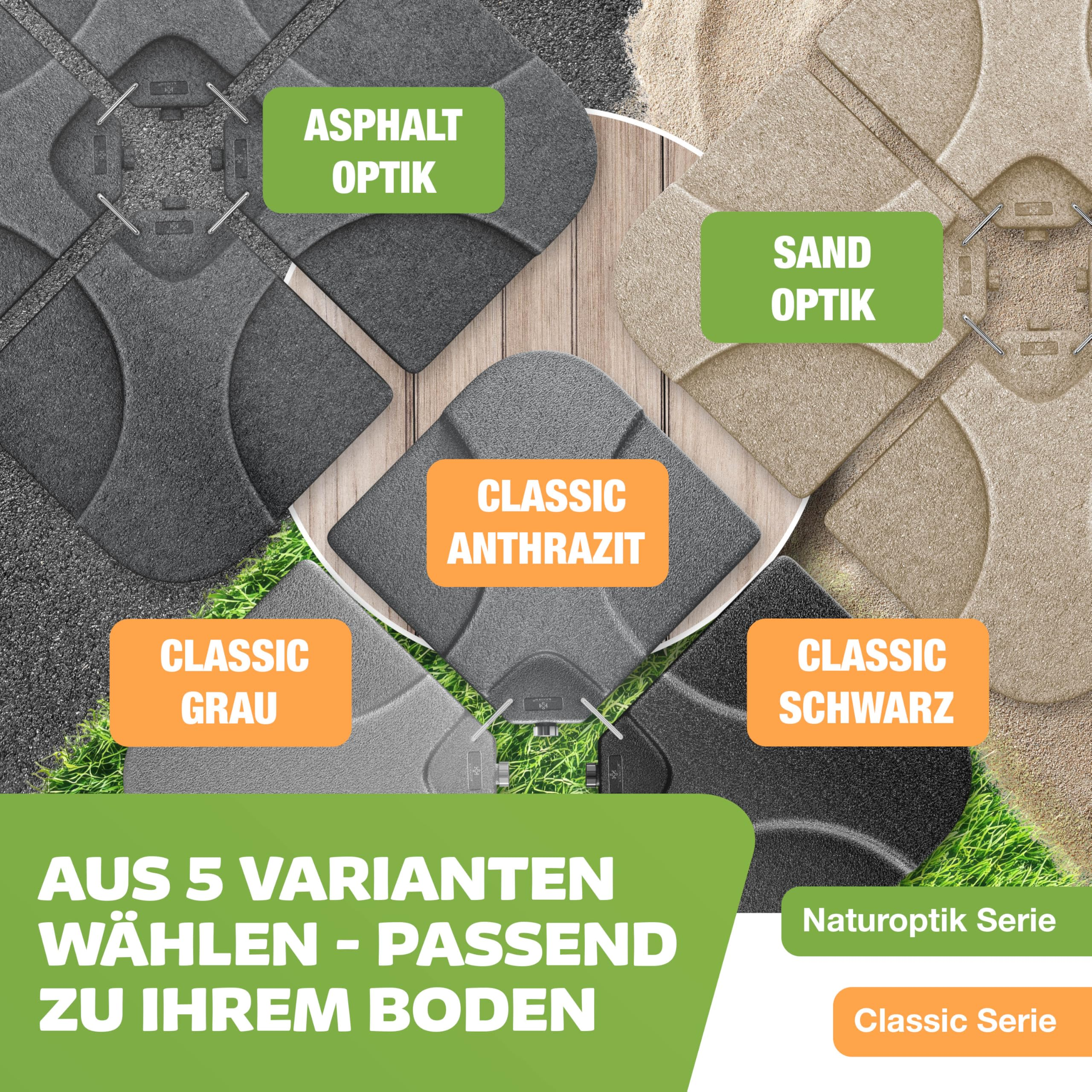 Übersicht von fünf Sonnenschirmständer-Varianten in verschiedenen Farben und Texturen.