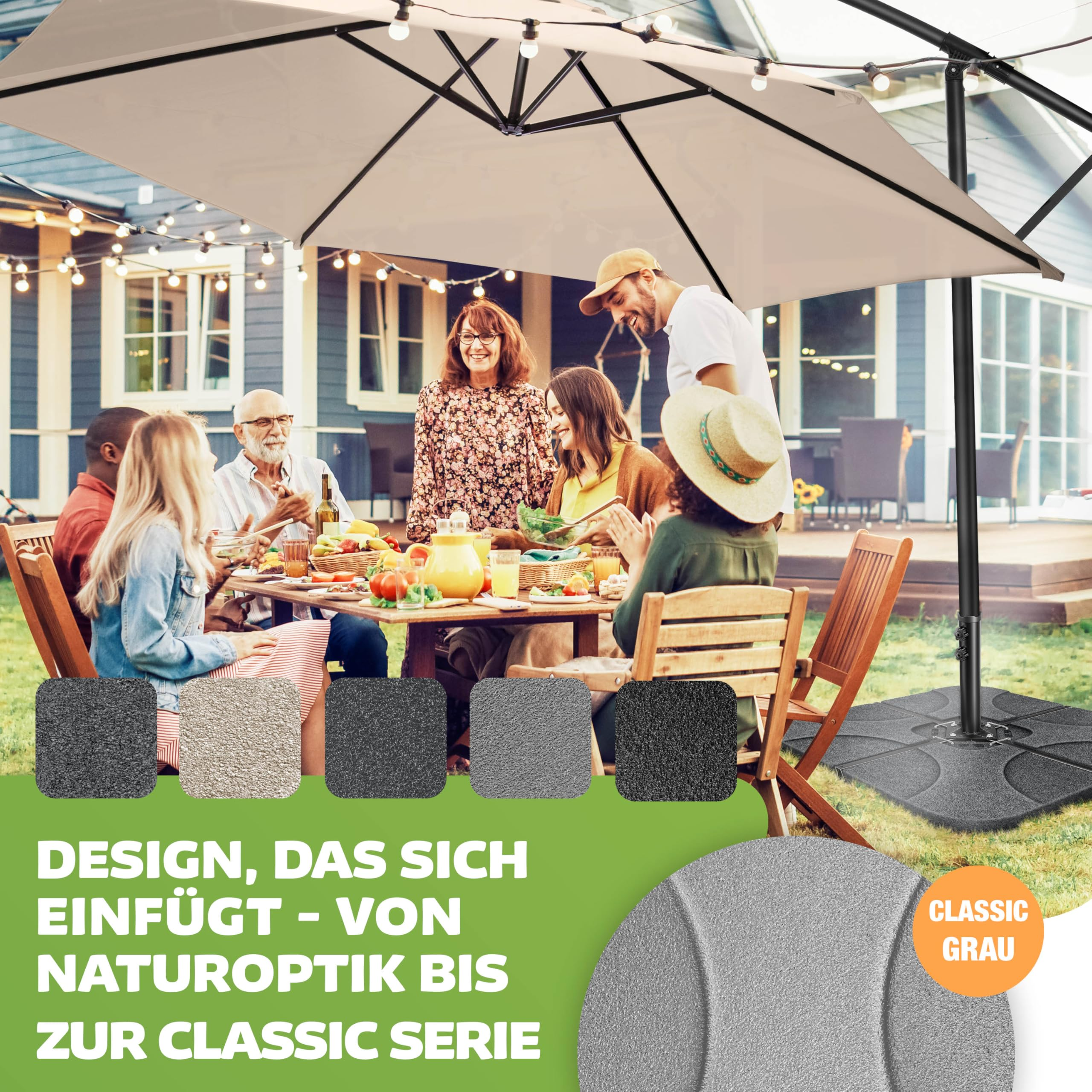 Eine Familie feiert im Garten unter einem großen Sonnenschirm, gedeckter Tisch mit Speisen.
