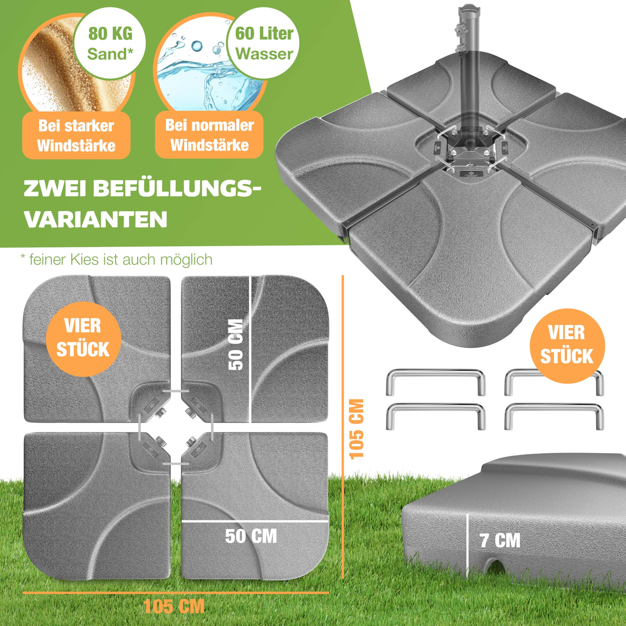 Grauer, vierteiliger Schirmständer mit Maßen, Fülloptionen für Sand oder Wasser und Zubehör.