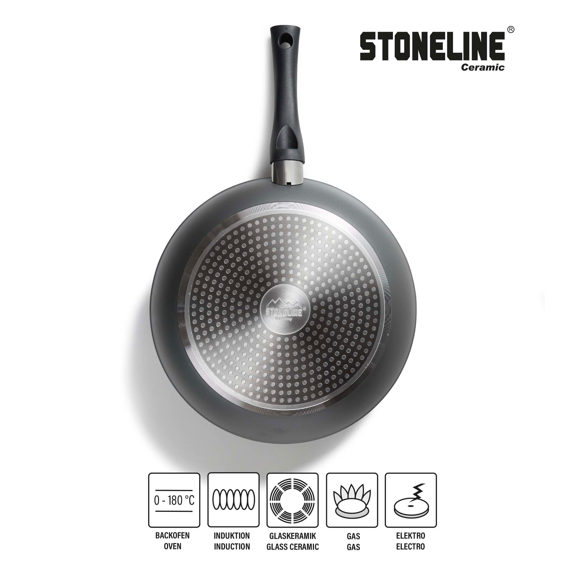 Poele Stoneline a revetement ceramique gris et fond induction, avec logo et icones de compatibilite des feux.