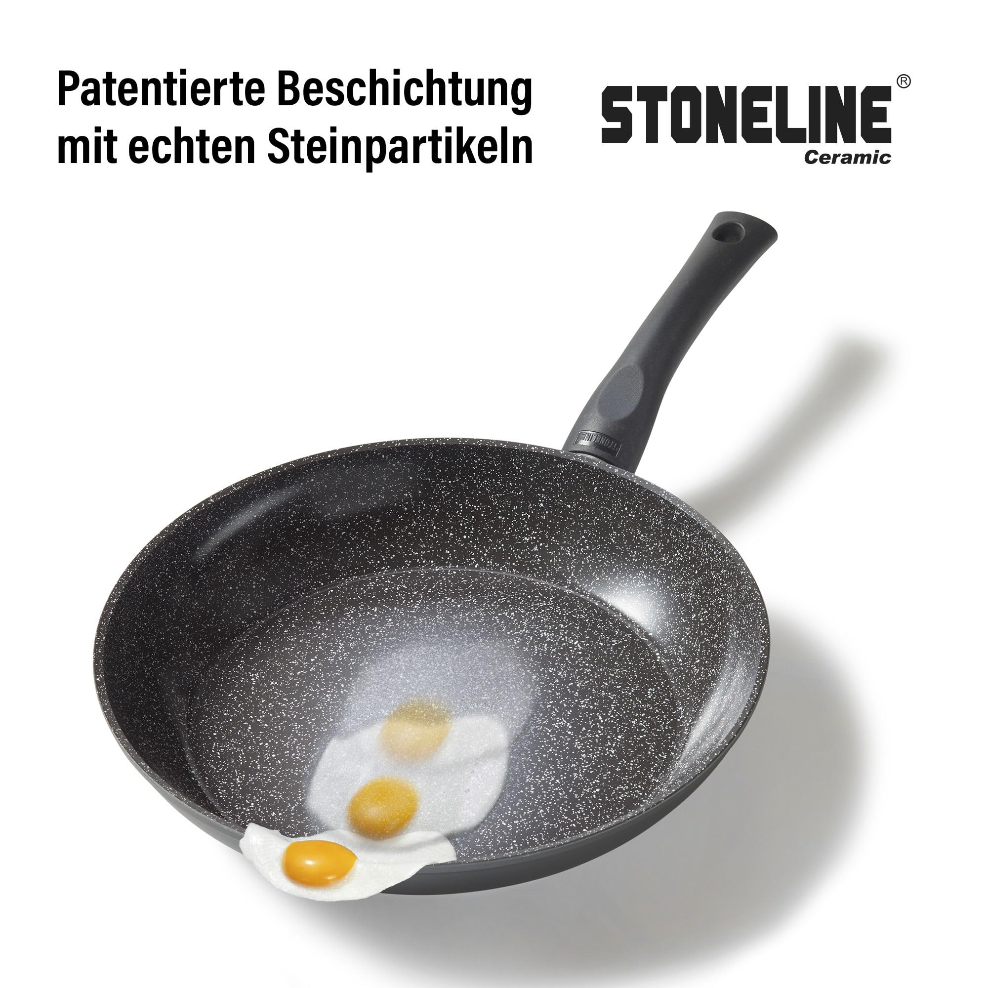 Poêle Stoneline avec revêtement en pierre faisant glisser trois œufs sur le plat.