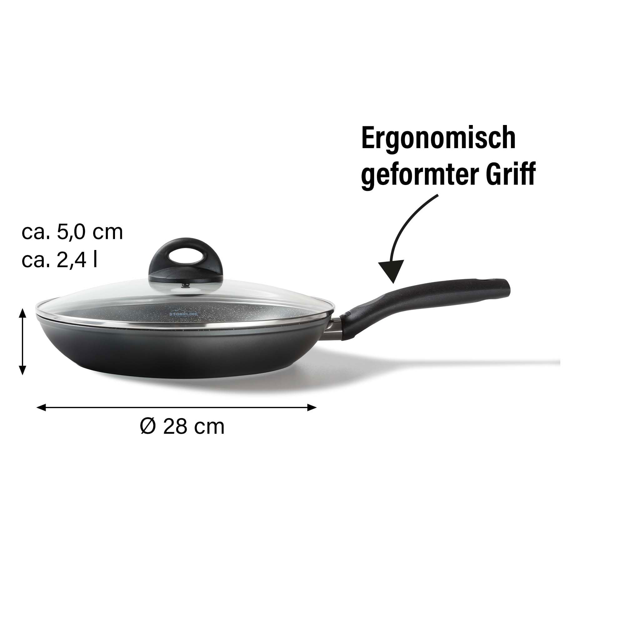 Une poêle noire avec couvercle en verre et dimensions en centimètres et litres.