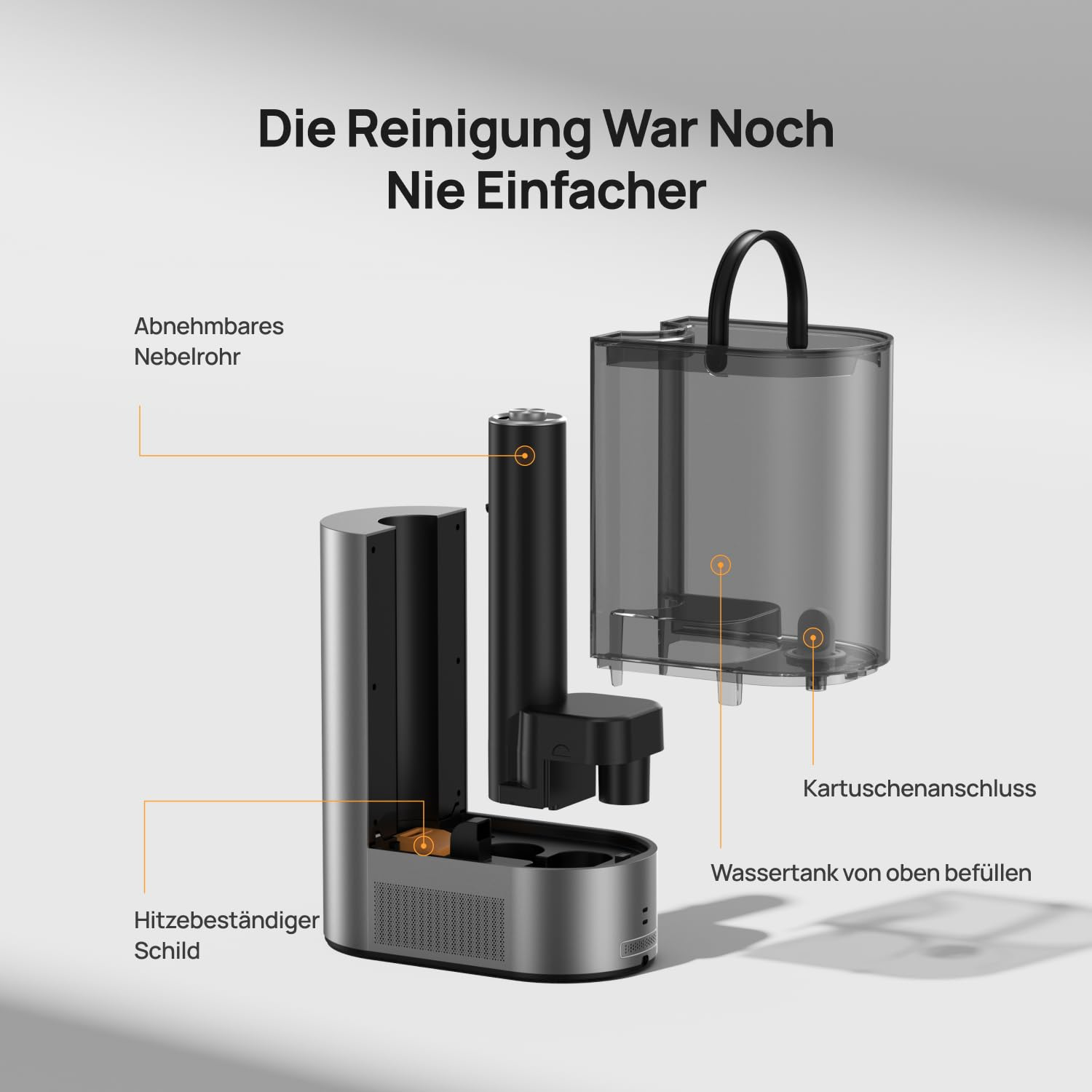 Vue éclatée d'un humidificateur avec réservoir d'eau amovible, tube de brume et écran thermique.
