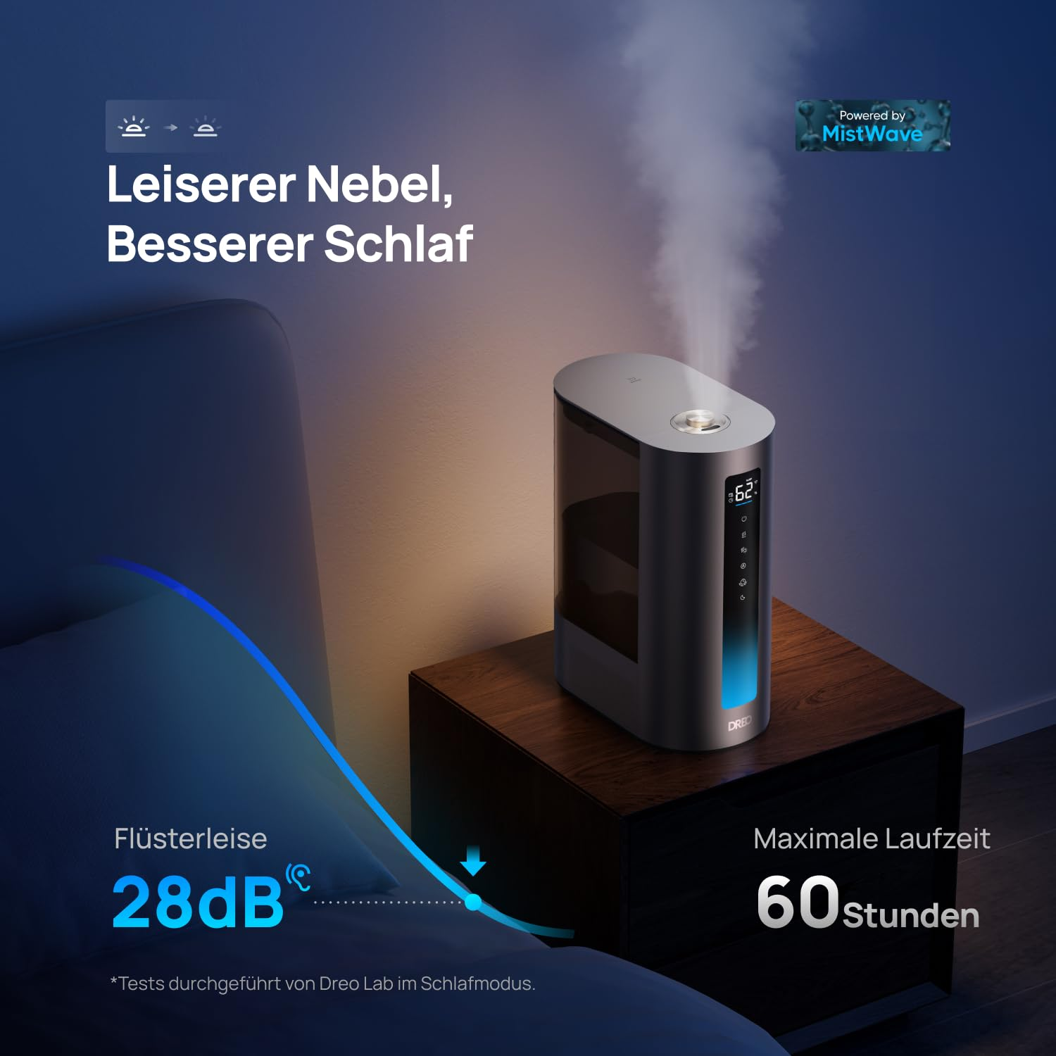 Un humidificateur gris posé sur une table de chevet diffuse une fine brume.