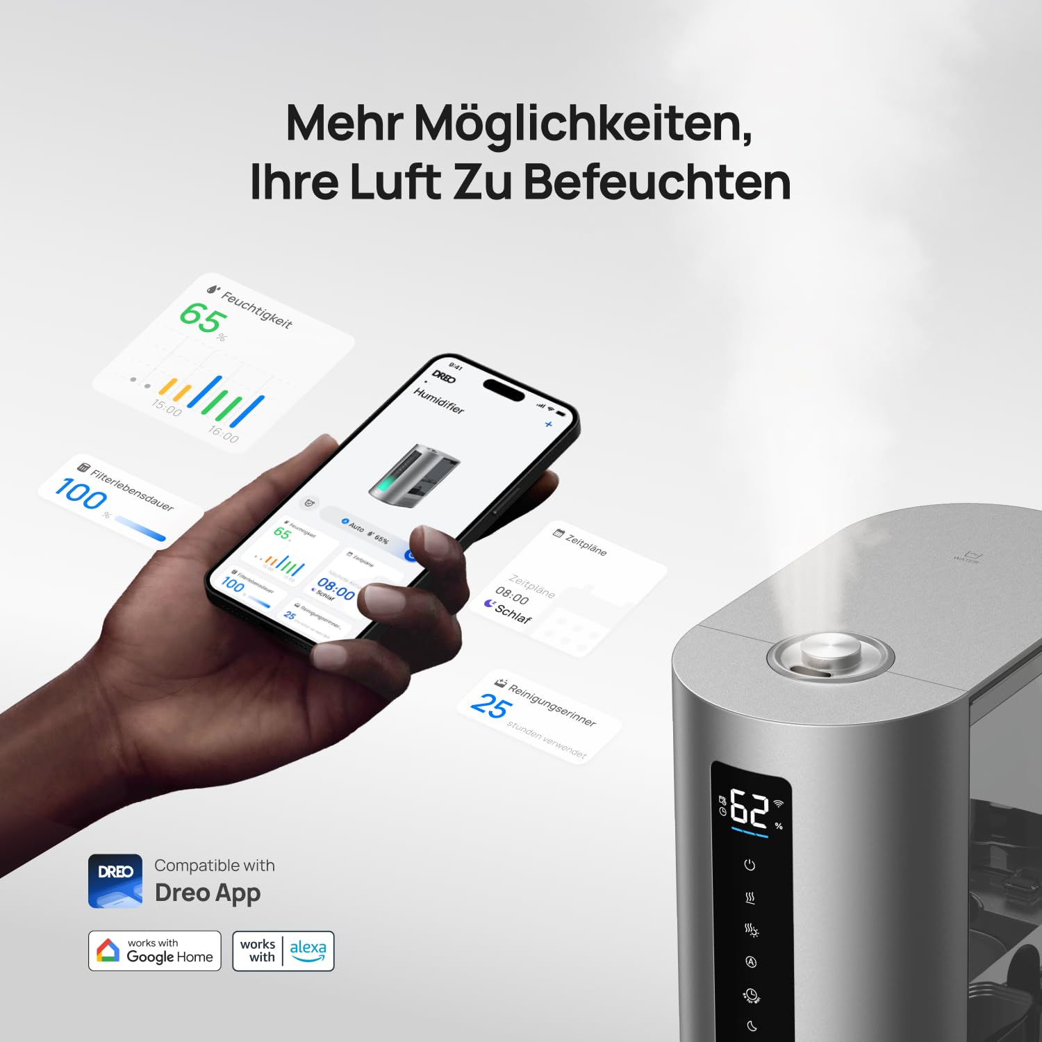 Main tenant un smartphone avec application pour humidificateur argenté, texte au-dessus sur l'humidification.