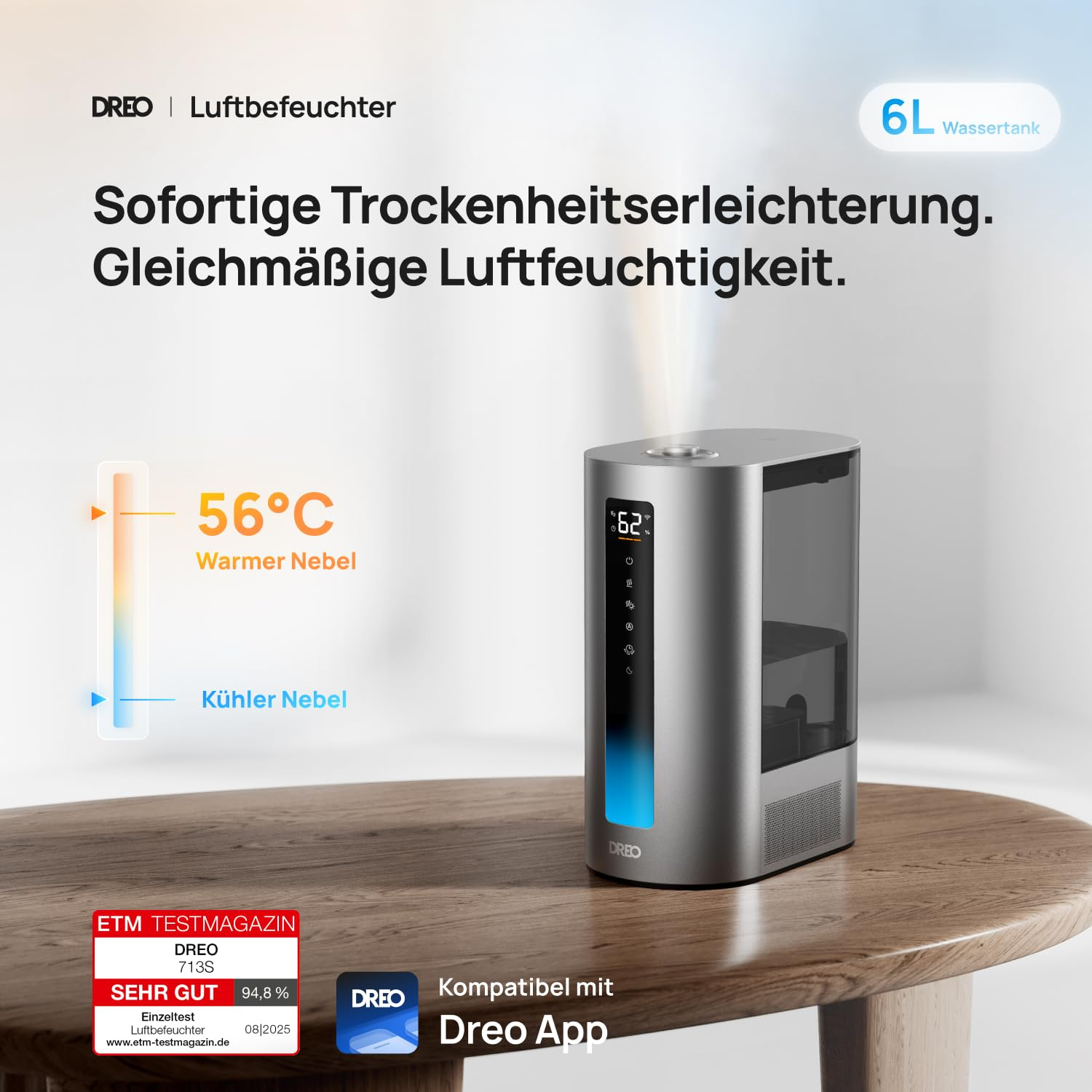 Humidificateur Dreo sur table en bois avec affichage numérique et brume.
