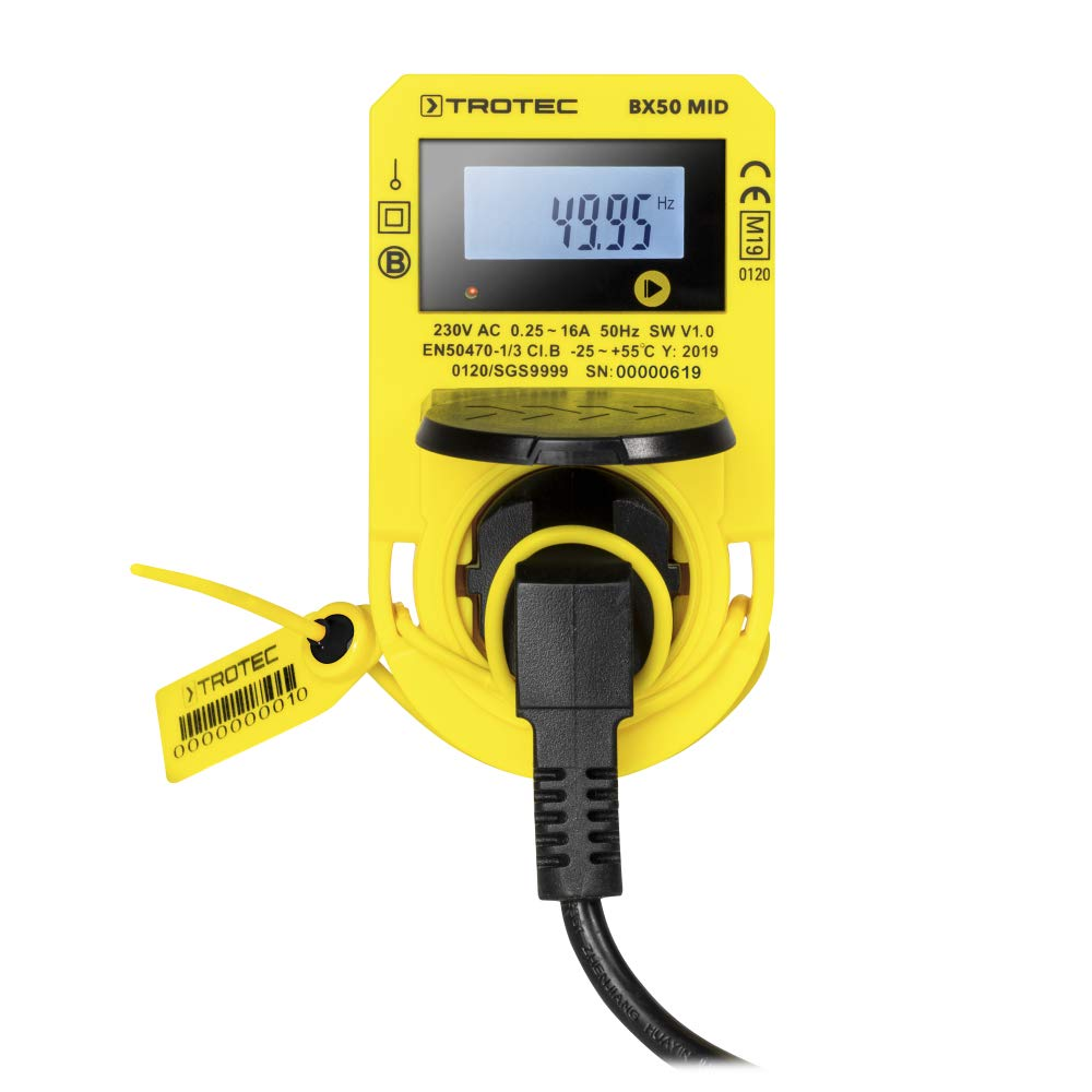 Misuratore di potenza giallo Trotec BX50 MID con display digitale e cavo nero collegato.
