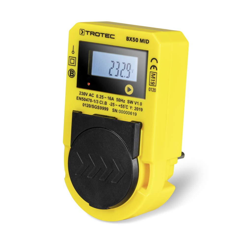 Misuratore di energia giallo Trotec BX50 MID con display digitale e copripresa nero su sfondo bianco.