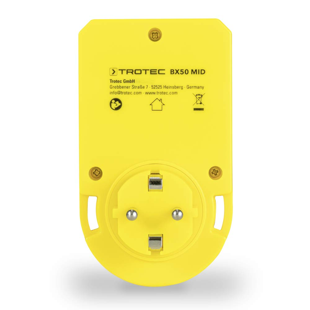 Misuratore di energia giallo Trotec BX50 MID con presa e contatti su sfondo bianco.