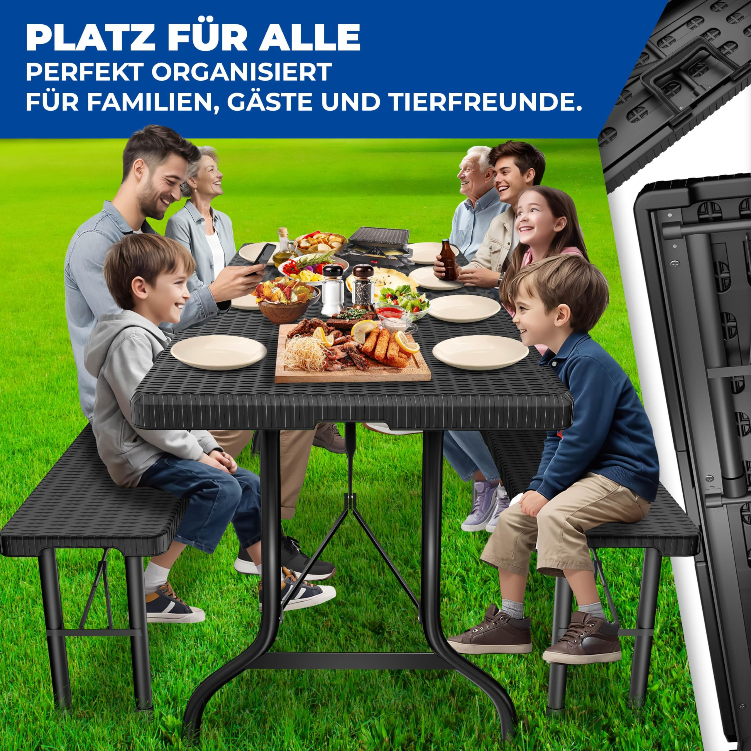 Eine Familie sitzt im Freien an einem großen, schwarzen Campingtisch auf Rasen und genießt eine Mahlzeit.