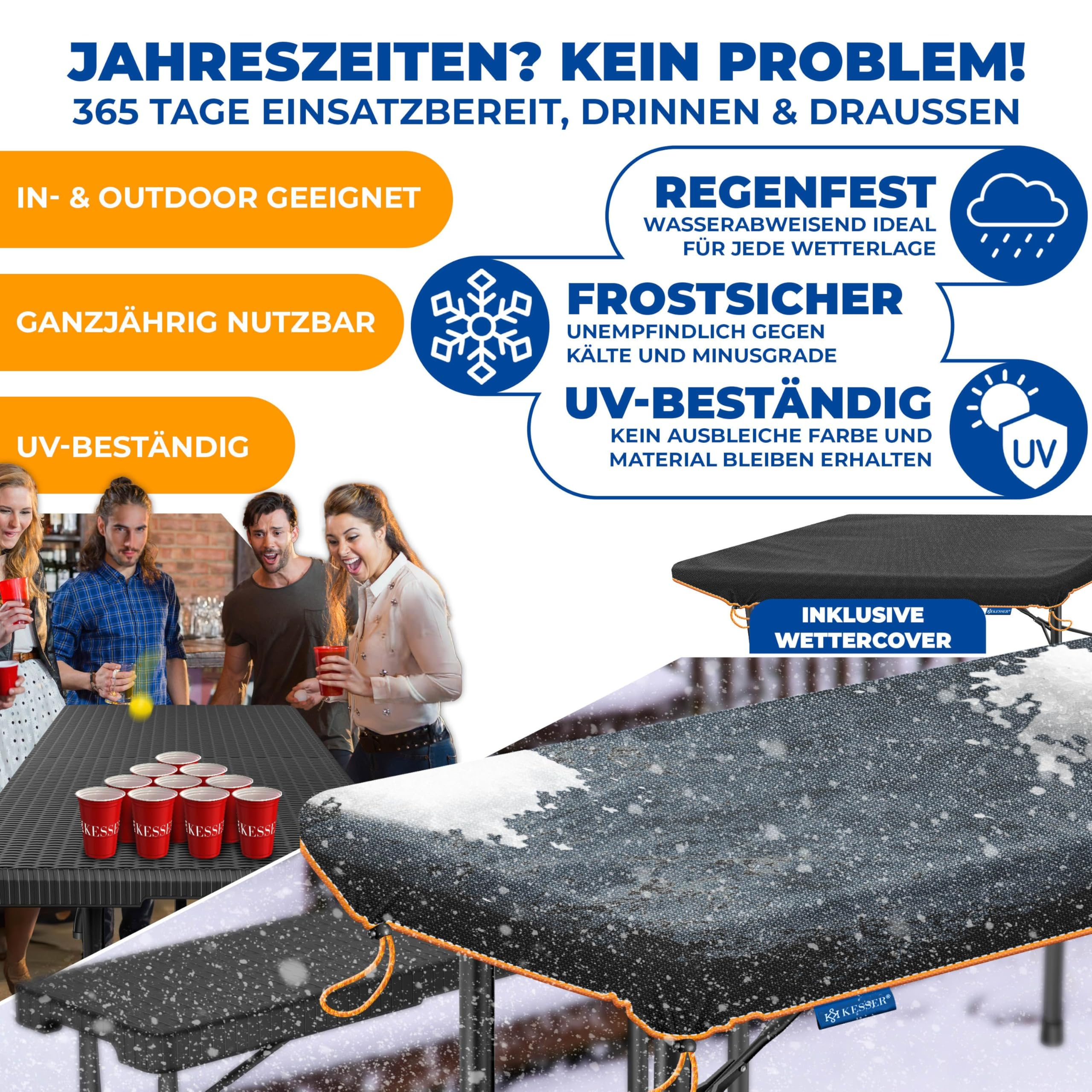 Wetterfester, frostfreier und UV-beständiger Kicker-Tisch mit Allwetter-Cover für den Innen- und Außenbereich.