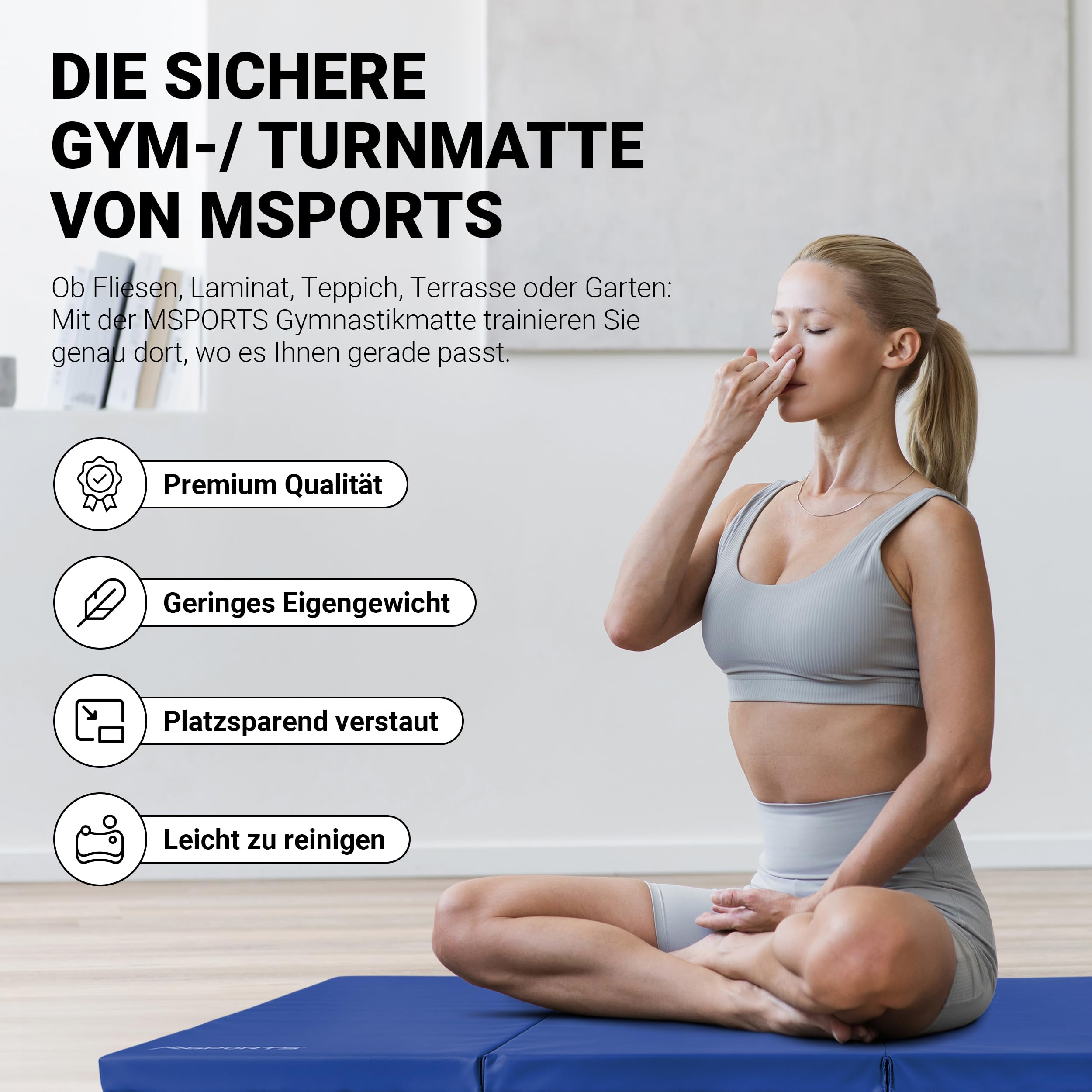 Eine blonde Frau meditiert auf einer blauen Turnmatte und macht Atemübungen, begleitet von Werbetexten.