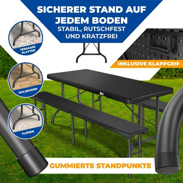 Schwarze Gartenmöbel mit rutschfesten Gummifüßen auf Rasen, mit Detailaufnahmen.