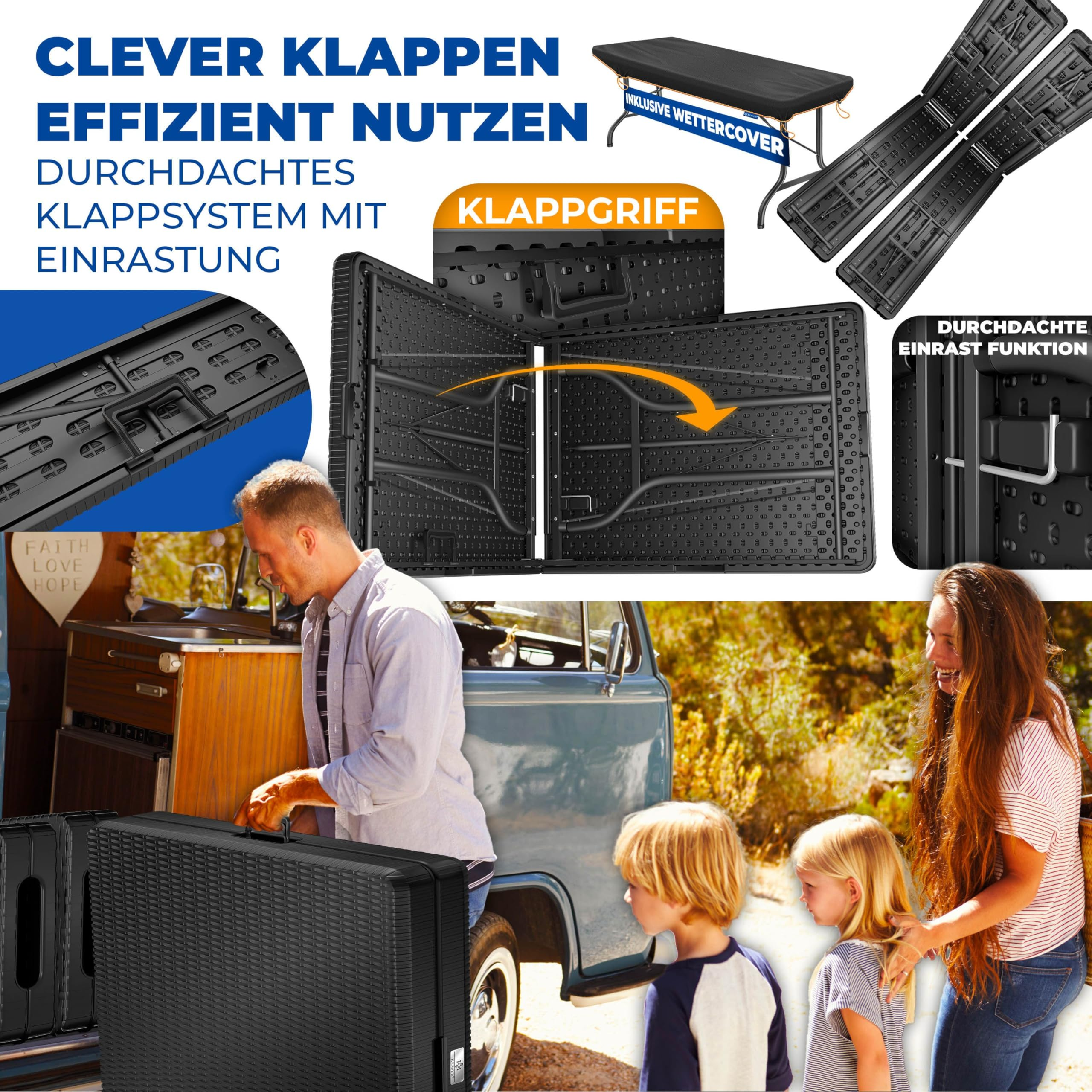 Mann packt schwarzen Koffer aus, daneben Familie vor Auto, oben Detailansichten von klappbarem Tisch.