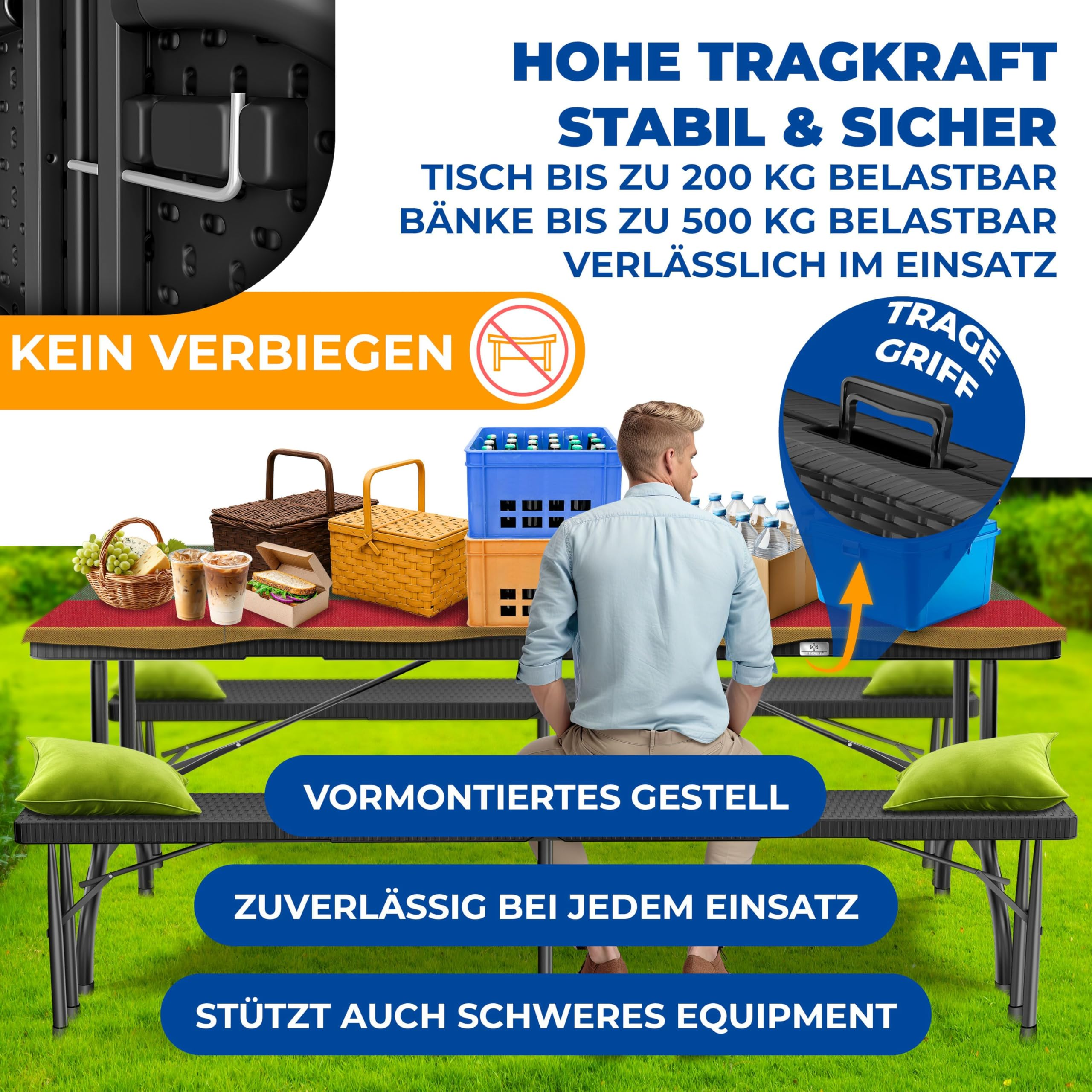Werbebild für einen stabilen Klapptisch mit Bänken und Picknickutensilien auf einer Wiese.