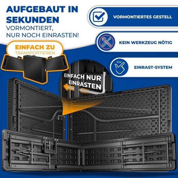Werbebild für einen schwarzen Klapptisch mit einfacher Montage und Transportfunktion.