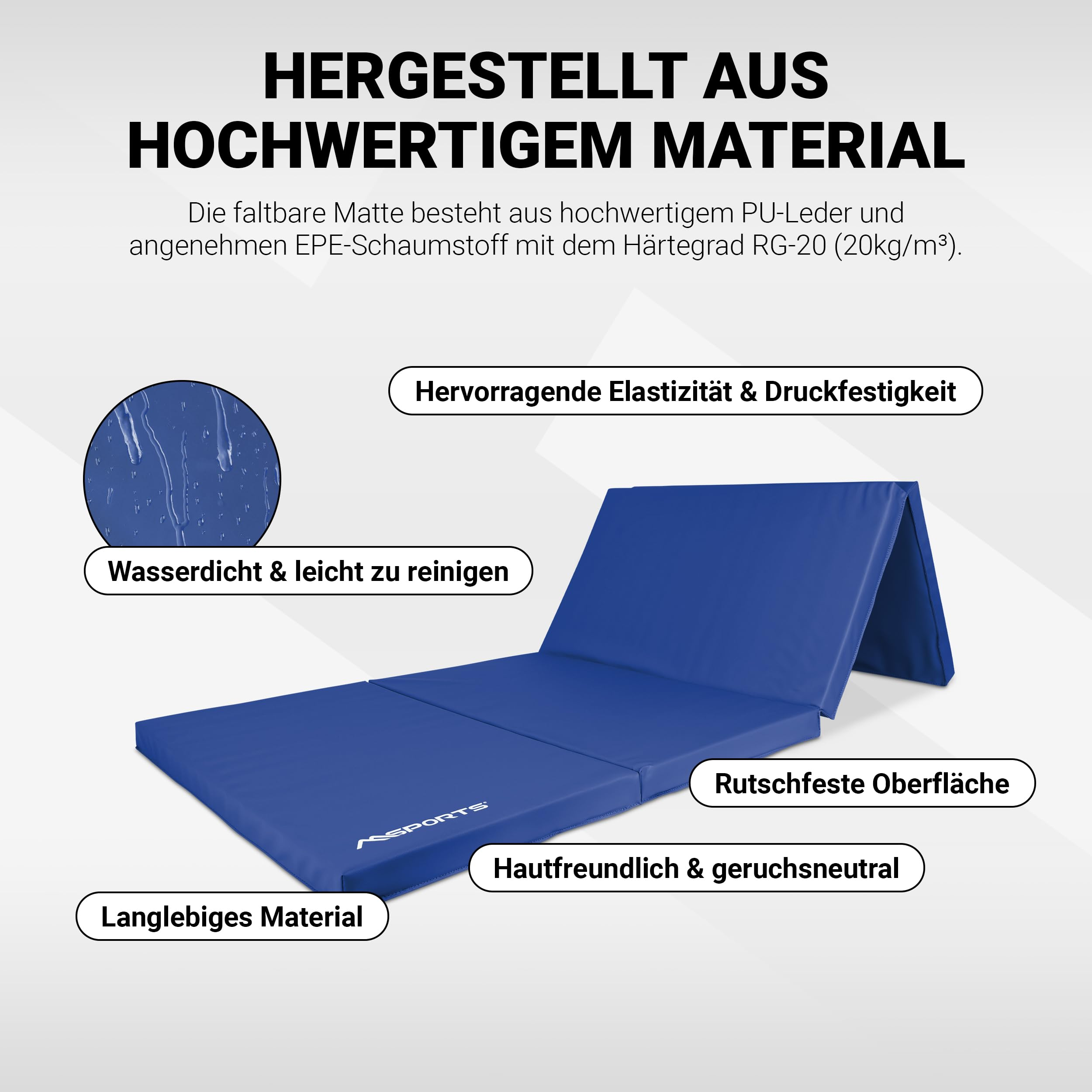 Blaue, faltbare Gymnastikmatte mit Hinweisen zu Material, Elastizität, Wasserbeständigkeit und rutschfester Oberfläche.