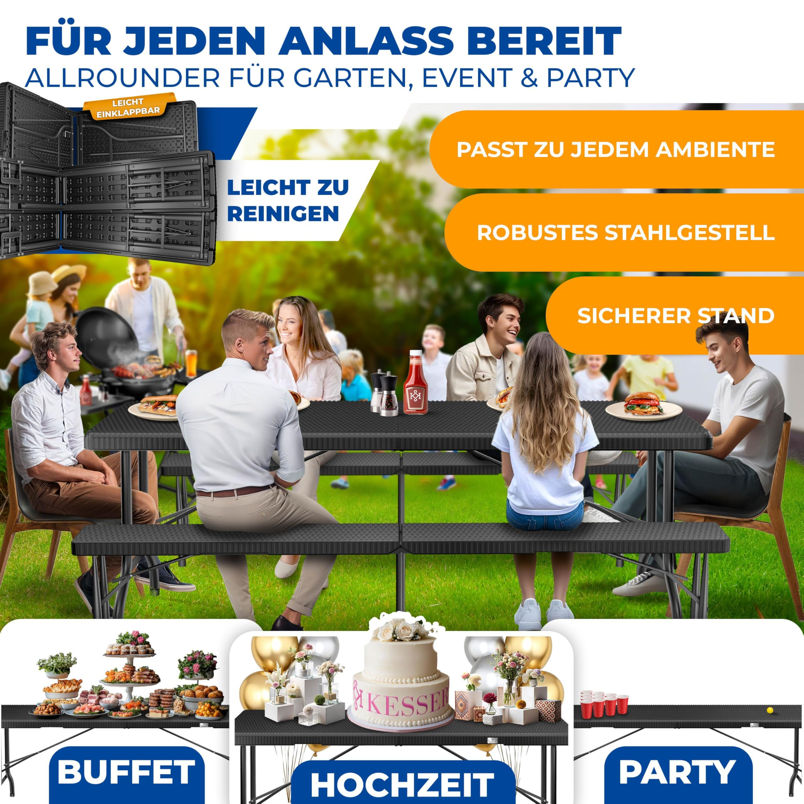 Menschen beim Picknick im Freien mit einem vielseitigen, klappbaren Tisch- und Bankset.
