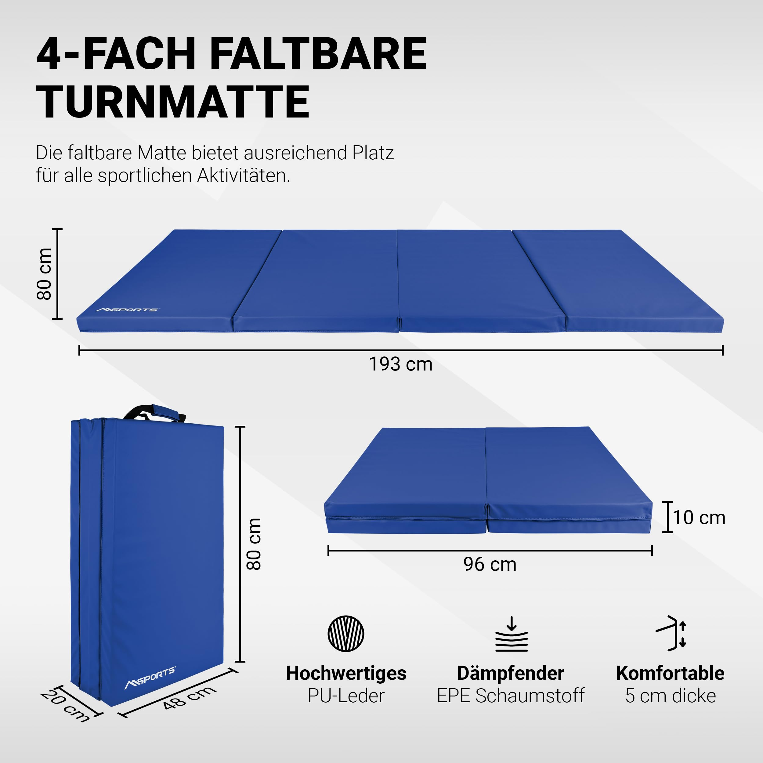 Blaue 4-fach faltbare Turnmatte mit Maßen, PU-Leder und EPE-Schaumstoff.