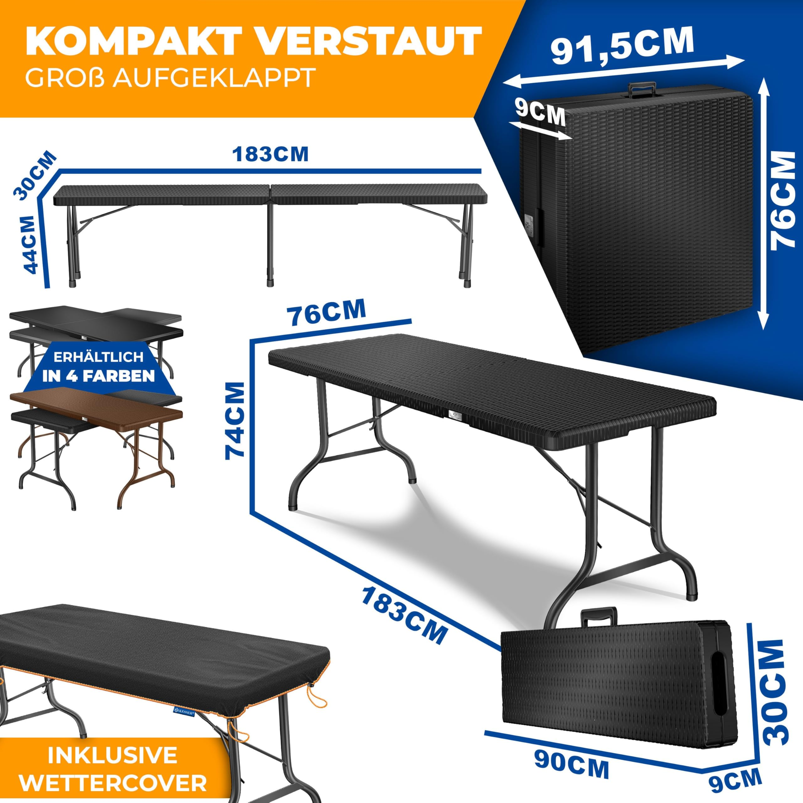 Maße und Merkmale eines schwarzen Rattan-Klapptisch- und Bank-Sets mit Koffern und Hülle.
