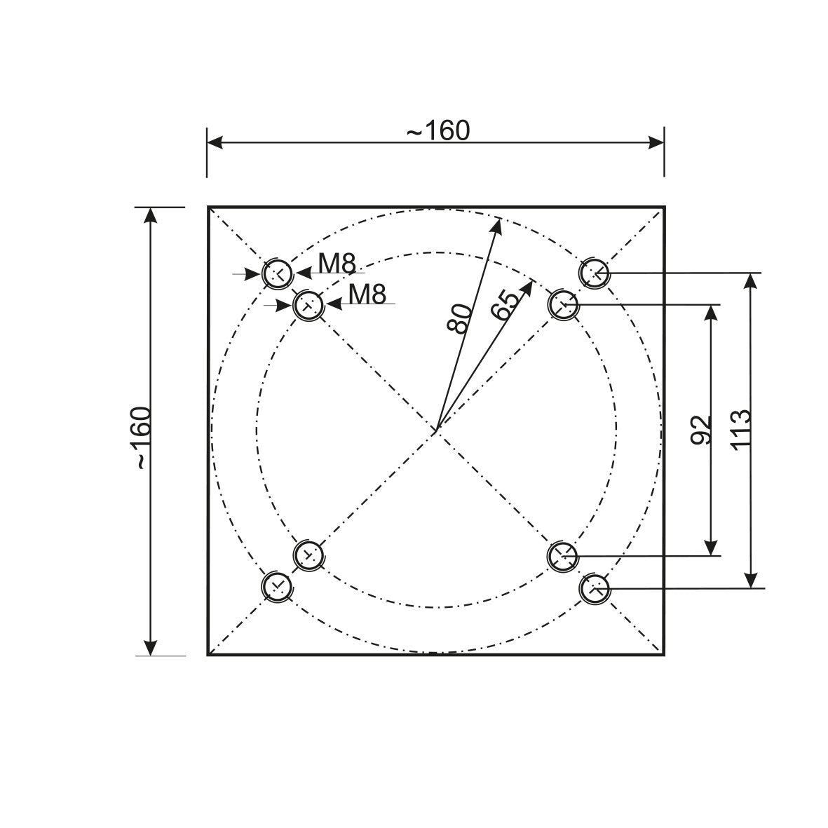 Technische Zeichnung einer quadratischen Platte mit Maßen, konzentrischen Kreisen und M8-Bohrlöchern.