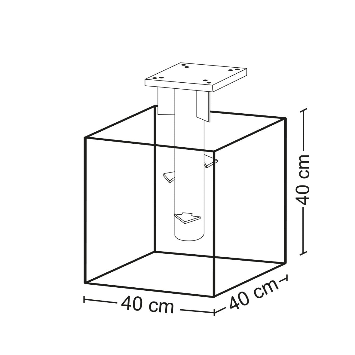 Dessin au trait d'un objet cubique de 40x40x40 cm avec support vertical central et plaque supérieure.