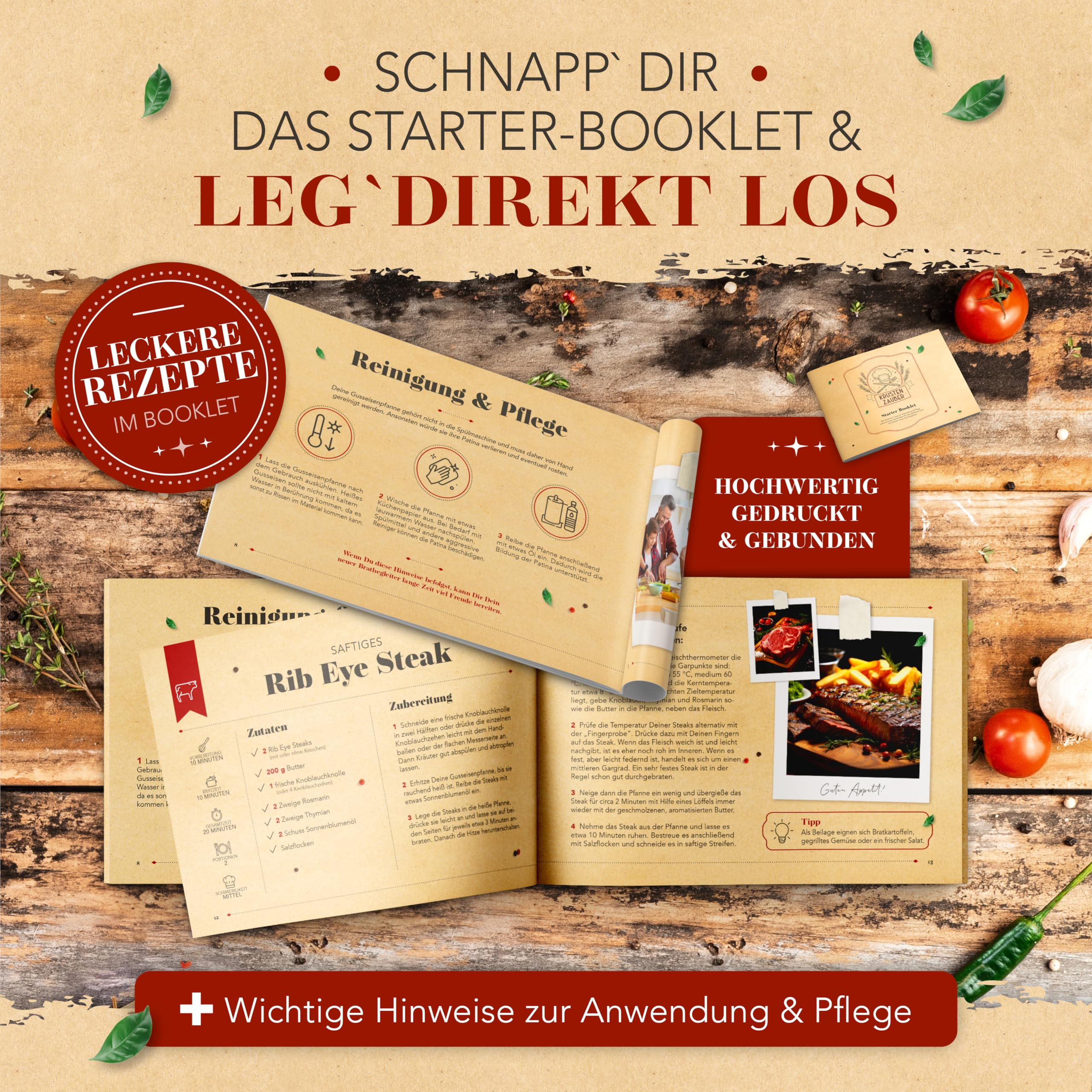 Ein offenes Rezeptbuch auf Holz mit Tomaten, Kräutern und Texten zu Reinigung, Pflege und Rib Eye Steak.