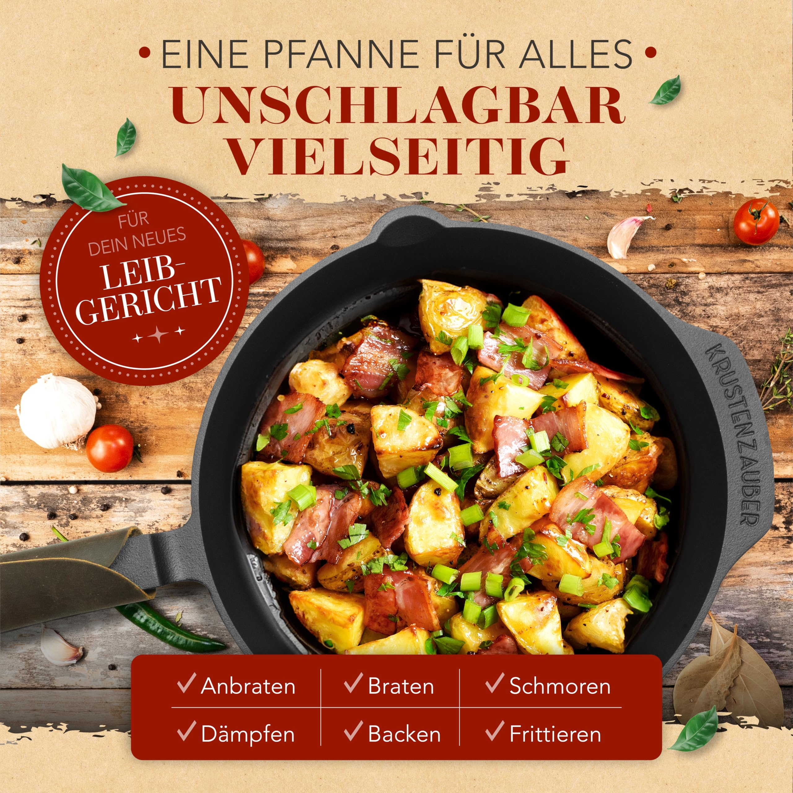 Eine schwarze Pfanne mit gebratenen Kartoffeln, Speck und Kräutern auf einem hölzernen Hintergrund, umgeben von Gewürzen.