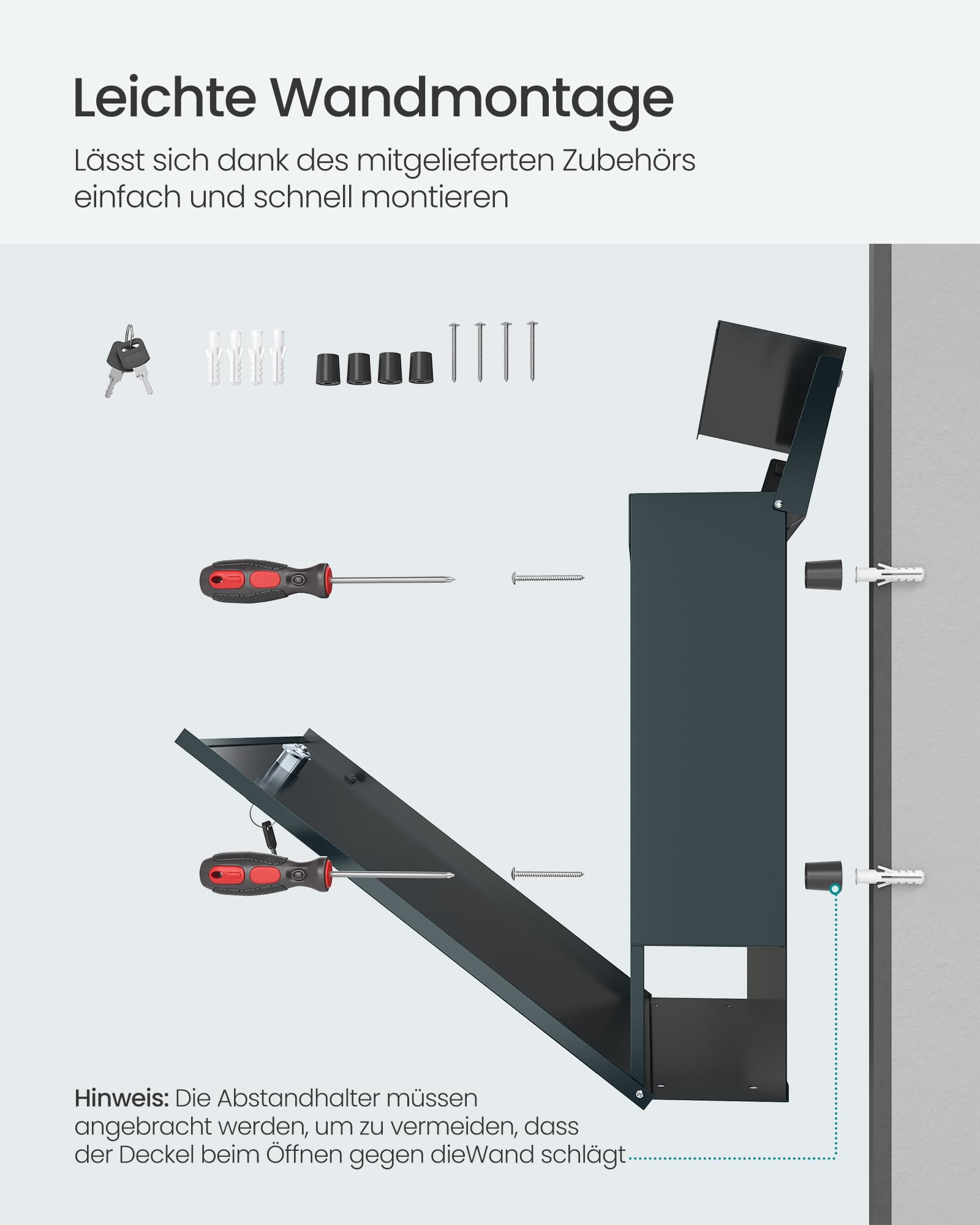 Instructions pour montage mural facile d'une boîte aux lettres avec vis et chevilles.