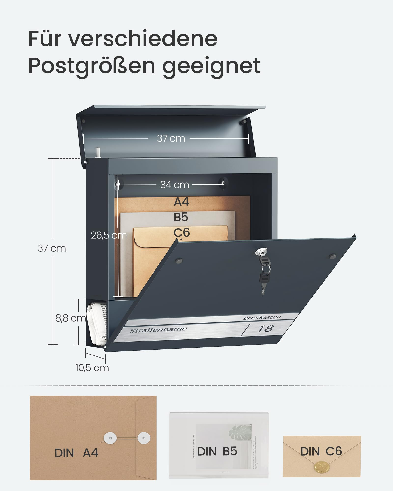 Boîte aux lettres grise avec dimensions et différents formats de courrier.