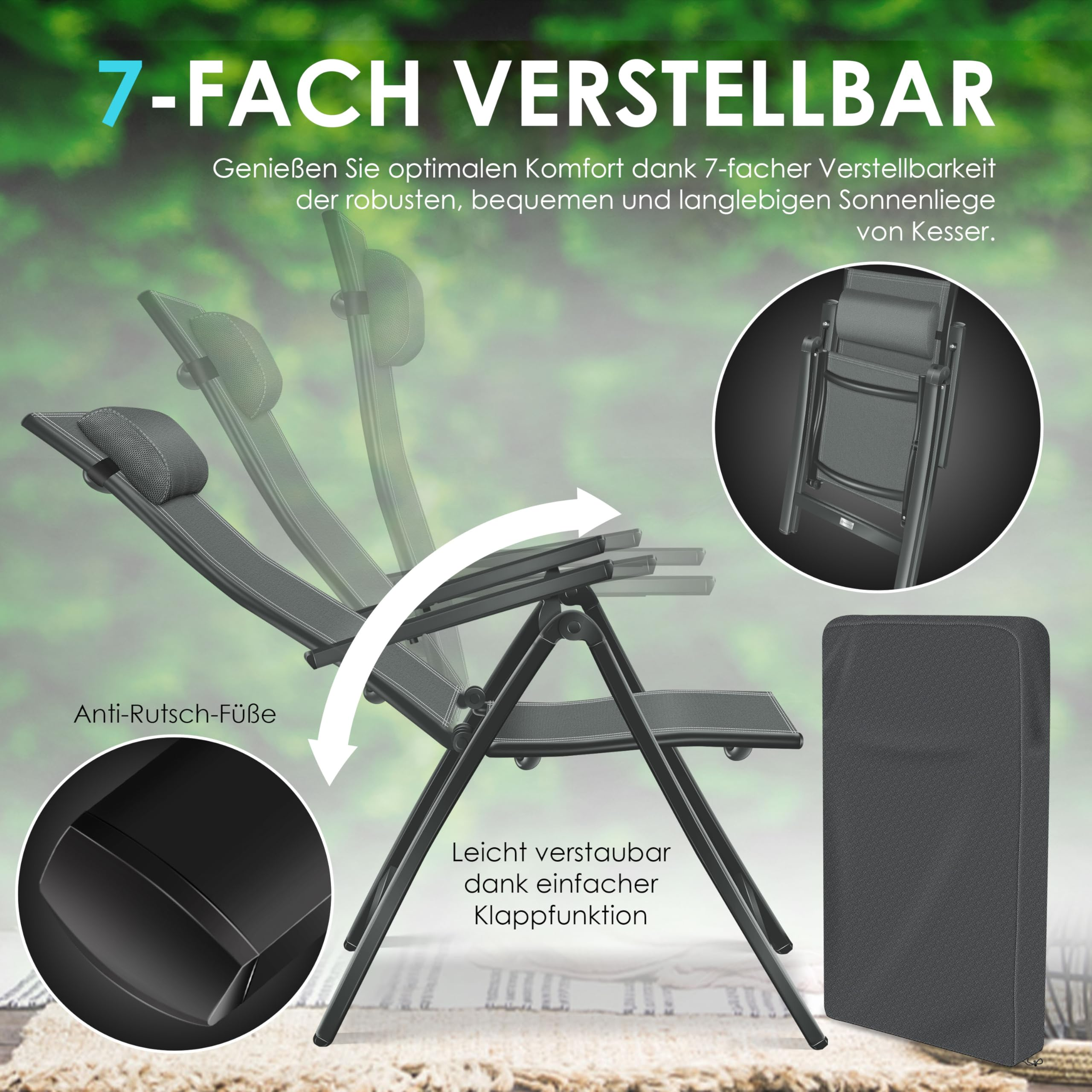 Verstellbare Sonnenliege mit Kissen, klappbar und mit Anti-Rutsch-Füßen, in Grün- und Schwarztönen.