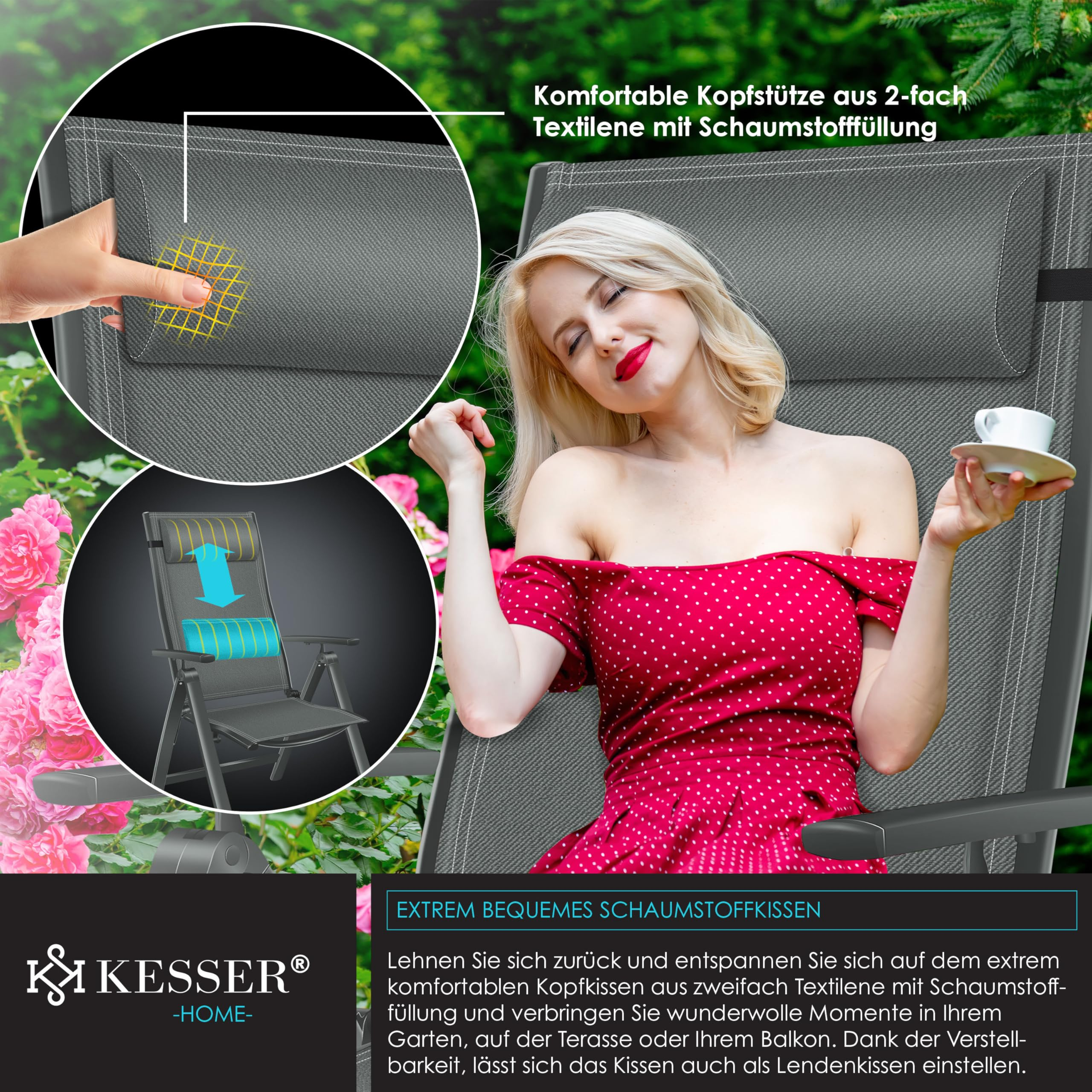 Blonde Frau in rotem Kleid entspannt im Garten auf einem grauen Liegestuhl mit Kissen.