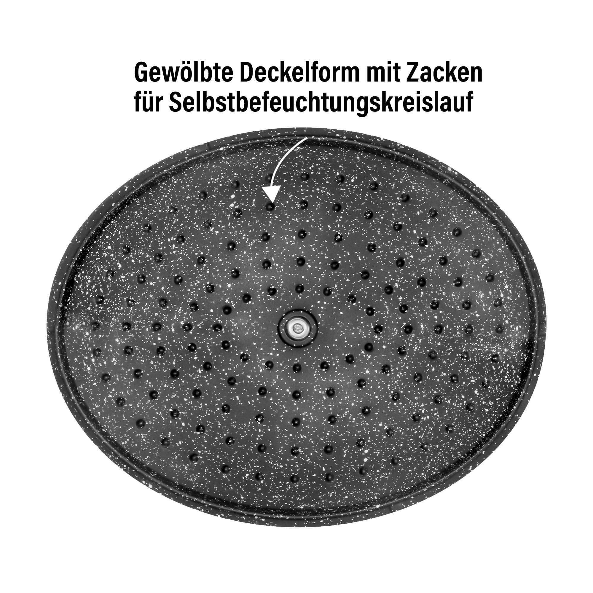Gesicht eines grauen, gesprenkelten Topfdeckels mit integrierten Tropfnoppen und Zentralgriff.